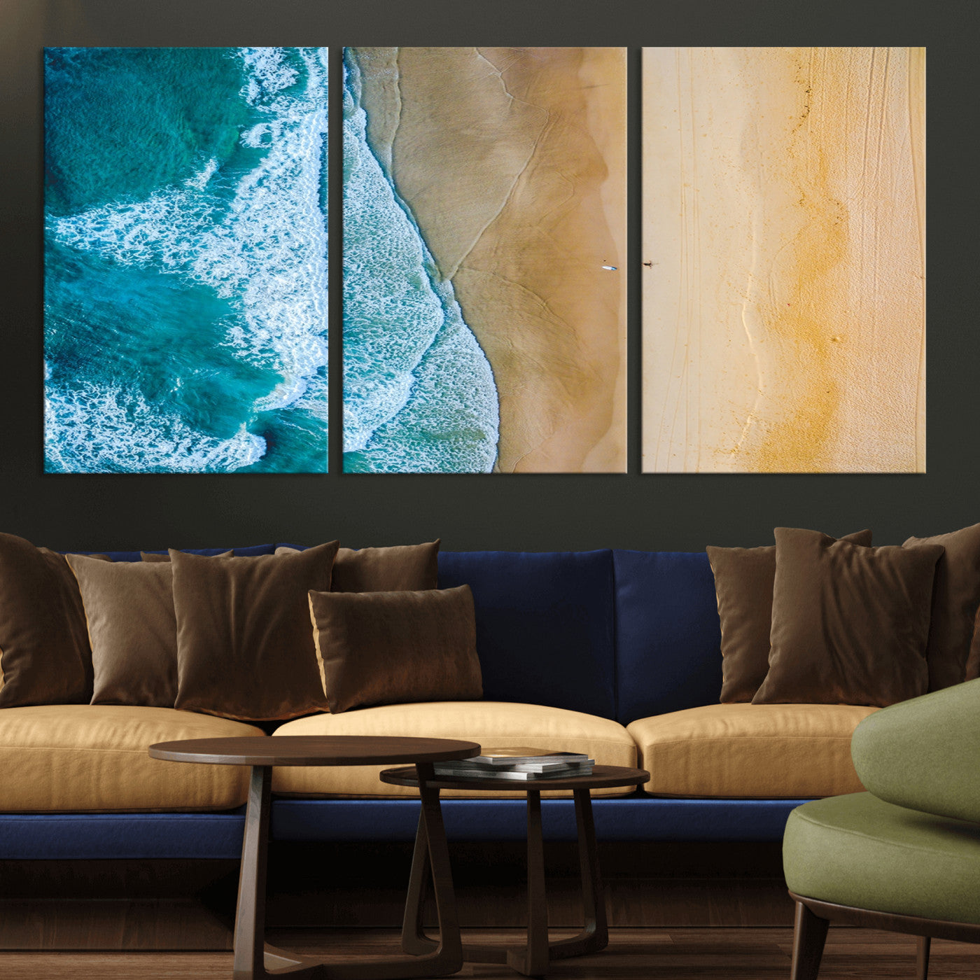 46640-MGV-CV-36X24-Aerial Beach Wall Art – Turquoise Waves and Golden Sand Canvas Print with Lone Surfer, Coastal Ocean Decor for Living Room,