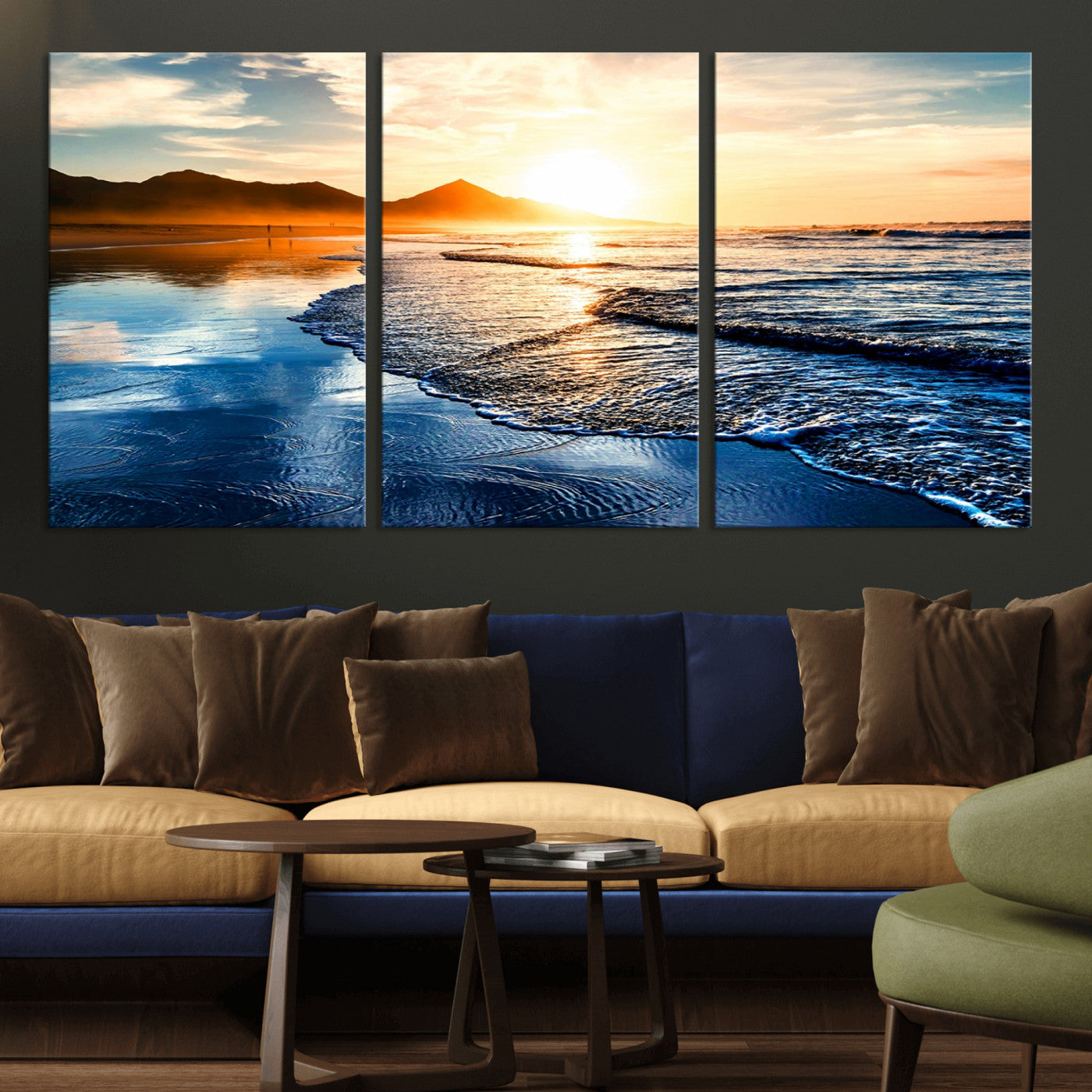 86173-MGV-CV-36X24-Golden Sunset Beach Wall Art – Reflective Ocean Canvas Print with Mountains and Waves, Coastal Nature Decor for Living Room,