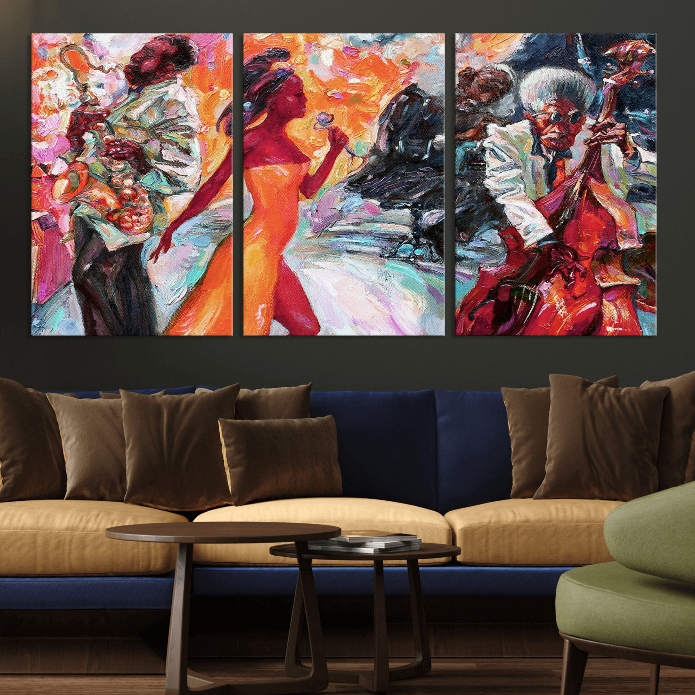 24452-MGV-CV-36X24-Vibrant Jazz Musician Painting - Expressive Art Print of Live Jazz Band, Perfect Wall Decor for Music Lovers and Art Enthusiasts