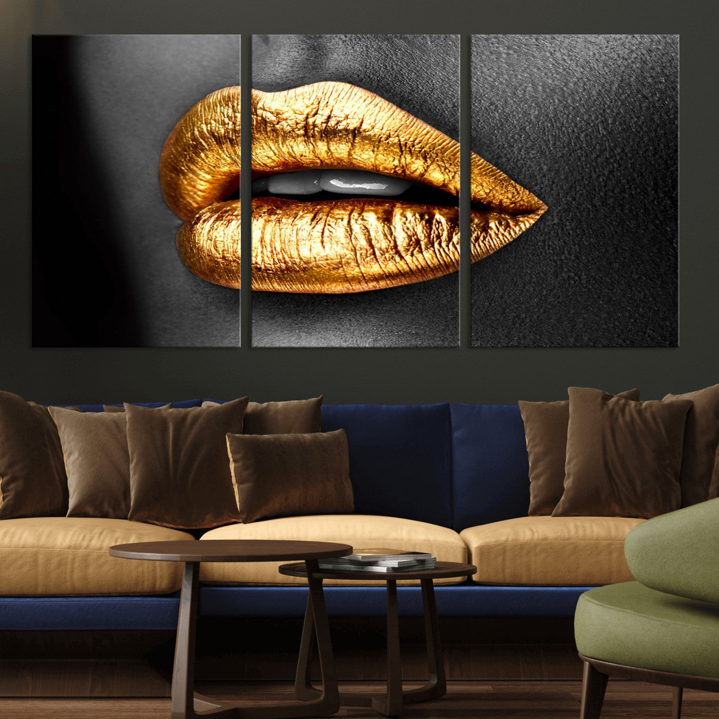 84747-MGV-CV-36X24-Golden Lips Black & White Portrait – Glamorous Metallic Lip Art Print, Modern Wall Decor for Bedroom, Beauty & Fashion Lover Gift