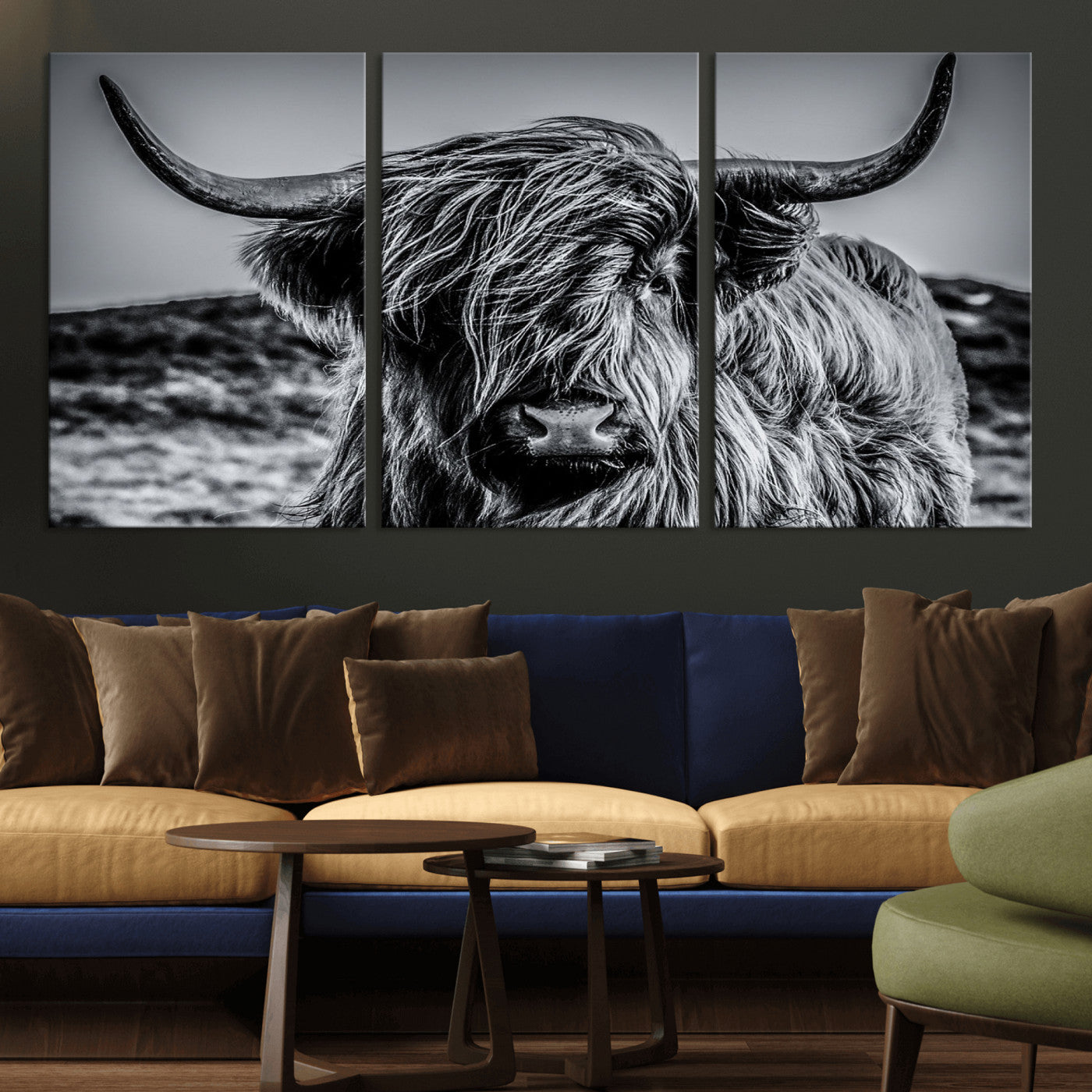 97372-MGV-CV-36X24-Elegant Highland Cow Wall Art – Black and White Canvas Print, Rustic Nature Decor for Home, Office, Living Room or Man Cave
