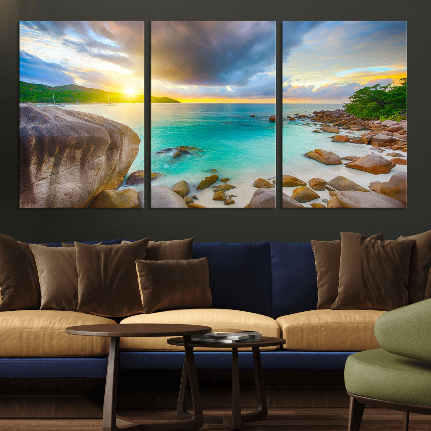 23769-MGV-CV-36X24-Tropical Beach Sunset Wall Art – Ocean Waves and Rocky Shore Canvas Print, Coastal Seascape Photography Decor