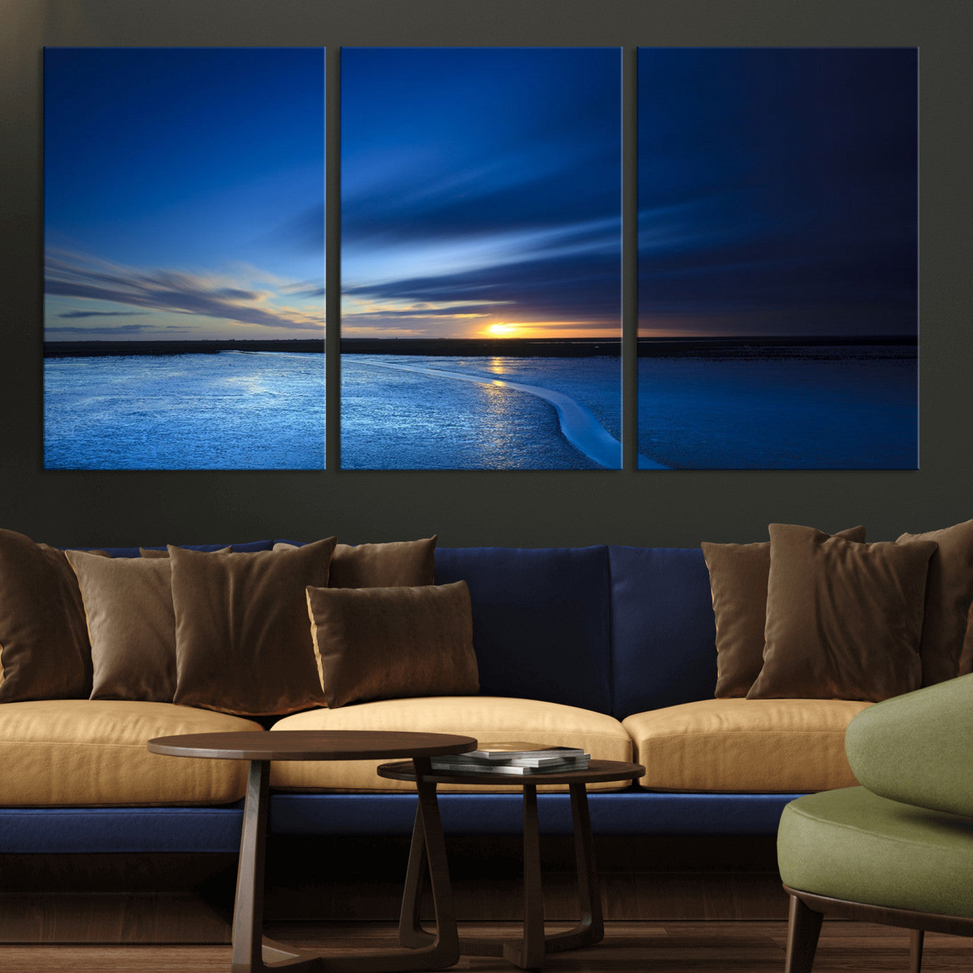 65405-MGV-CV-36X24-Blue Sunrise Seascape Wall Art – Tranquil Ocean Horizon Canvas Print with Golden Sunlight and Deep Sky, Coastal Landscape Decor