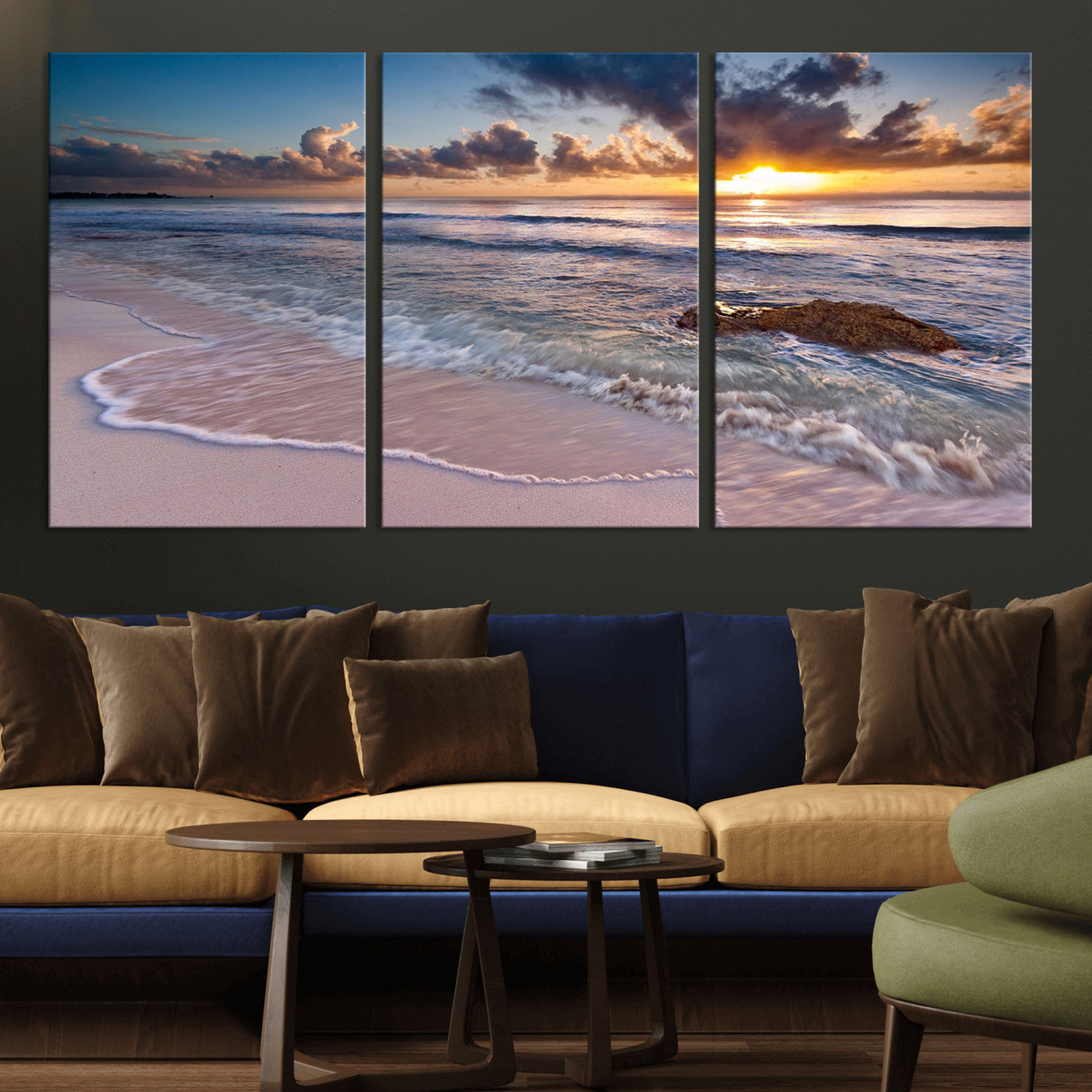 94906-MGV-CV-36X24-Sunrise Beach Wall Art – Panoramic Ocean Waves Canvas Print, Coastal Sunset Seascape Artwork for Living Room, Bedroom, or Office