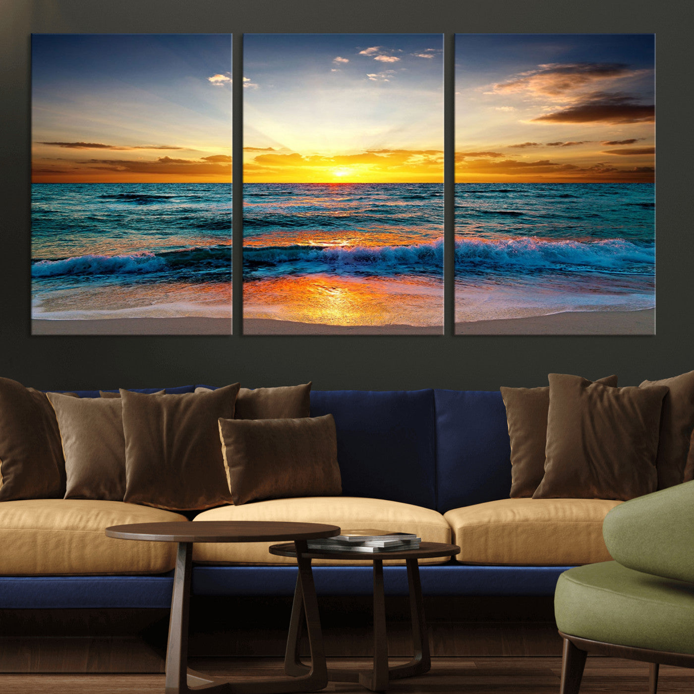 50627-MGV-CV-36X24-Ocean Sunset Wall Art – Serene Beach Canvas Print with Waves and Golden Sky, Coastal Decor for Living Room or Office