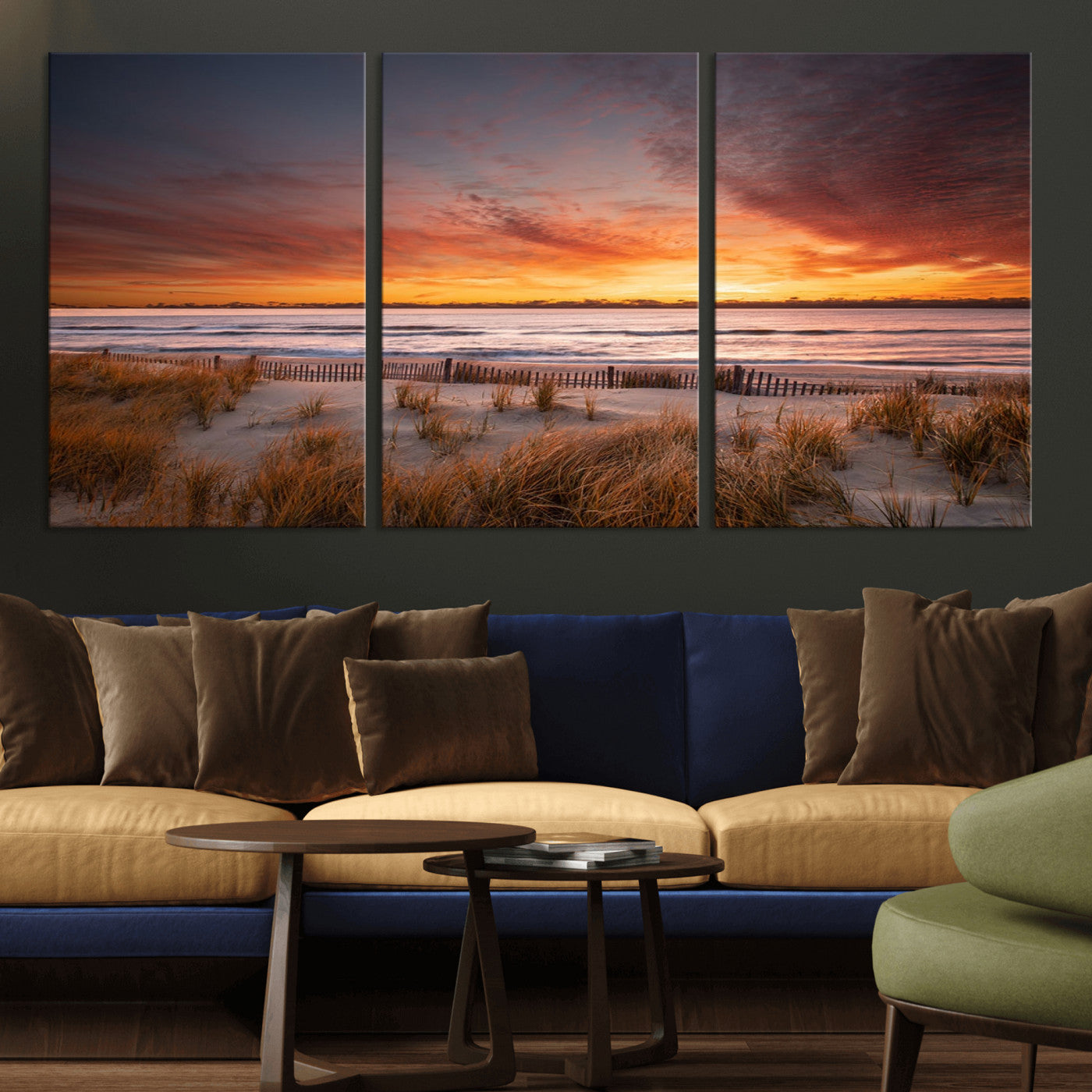 90176-MGV-CV-36X24-Beach Sunset Wall Art – Coastal Sand Dune Canvas Print with Ocean Waves and Dramatic Sky, Seaside Landscape Decor for Living Room
