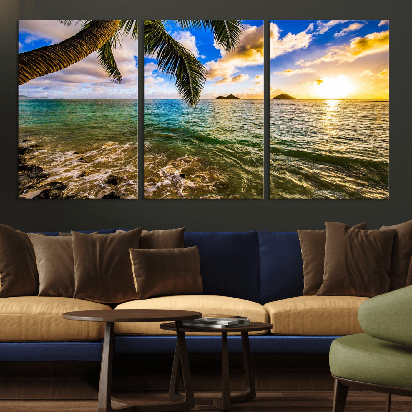 68606-MGV-CV-36X24-Tropical Palm Tree Ocean Wall Art – Sunset Beach Seascape Print, Coastal Paradise Decor for Living Room or Office