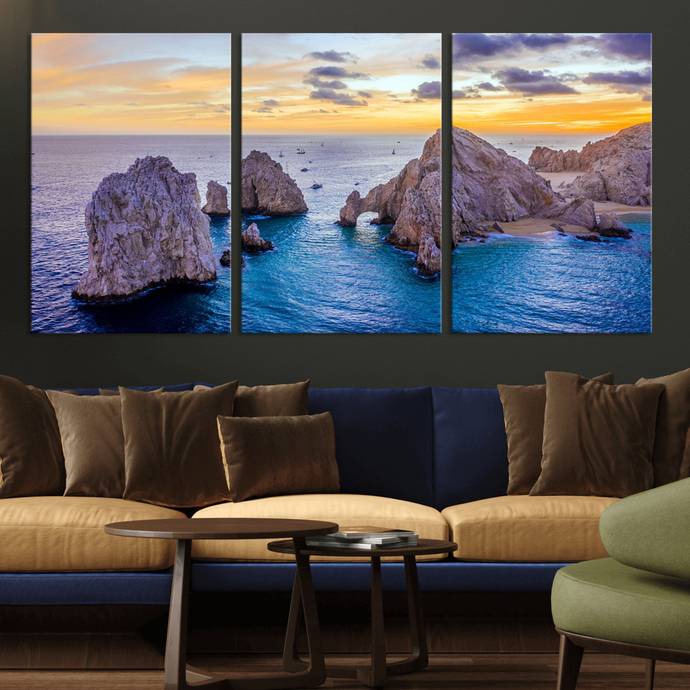 72955-MGV-CV-36X24-Ocean Rock Formation Wall Art – Sunset Coastal Seascape Print, Beach Landscape Decor for Living Room or Office