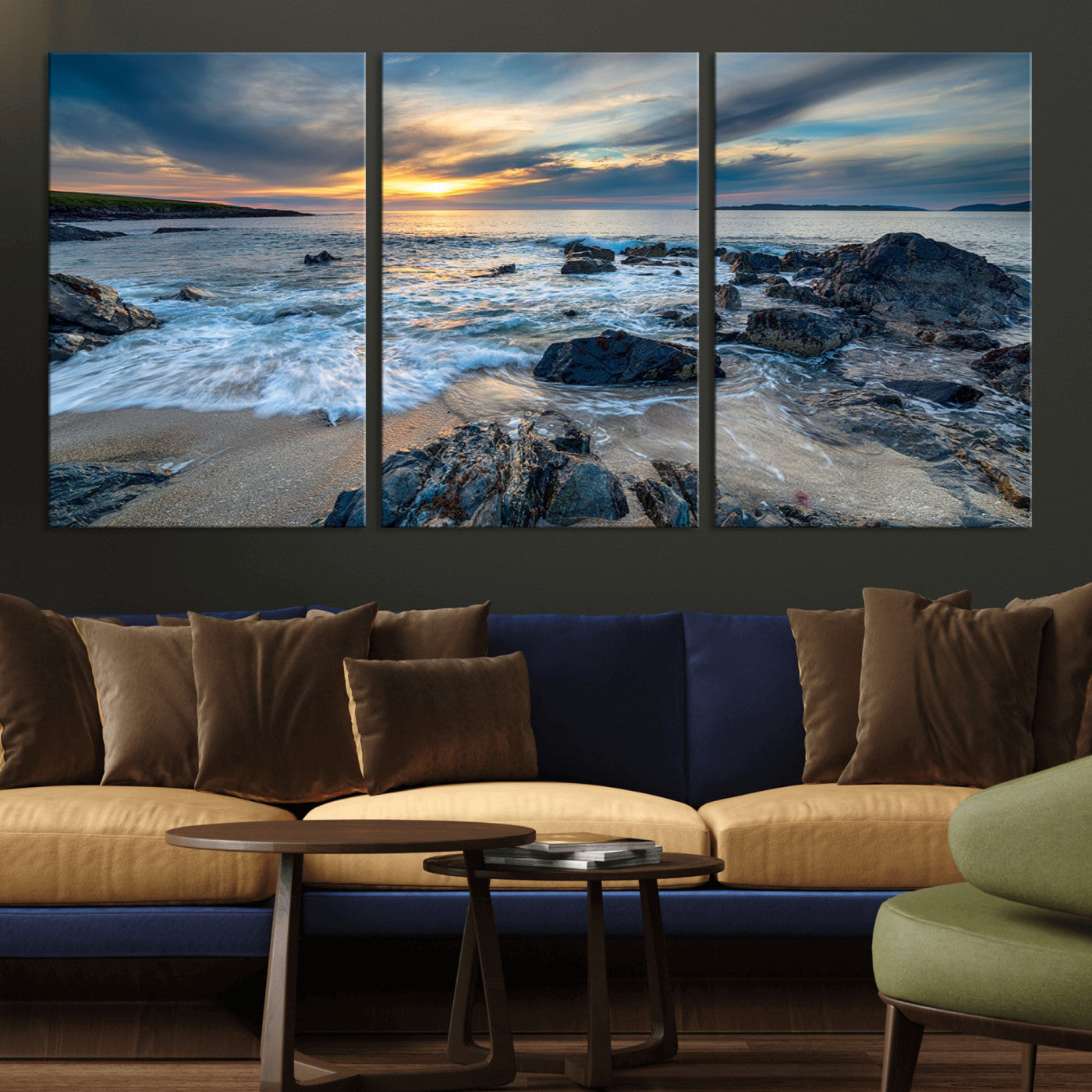 17902-MGV-CV-36X24-Rocky Shore Ocean Sunset Wall Art – Coastal Seascape Canvas Print, Nature Beach Decor for Living Room or Office