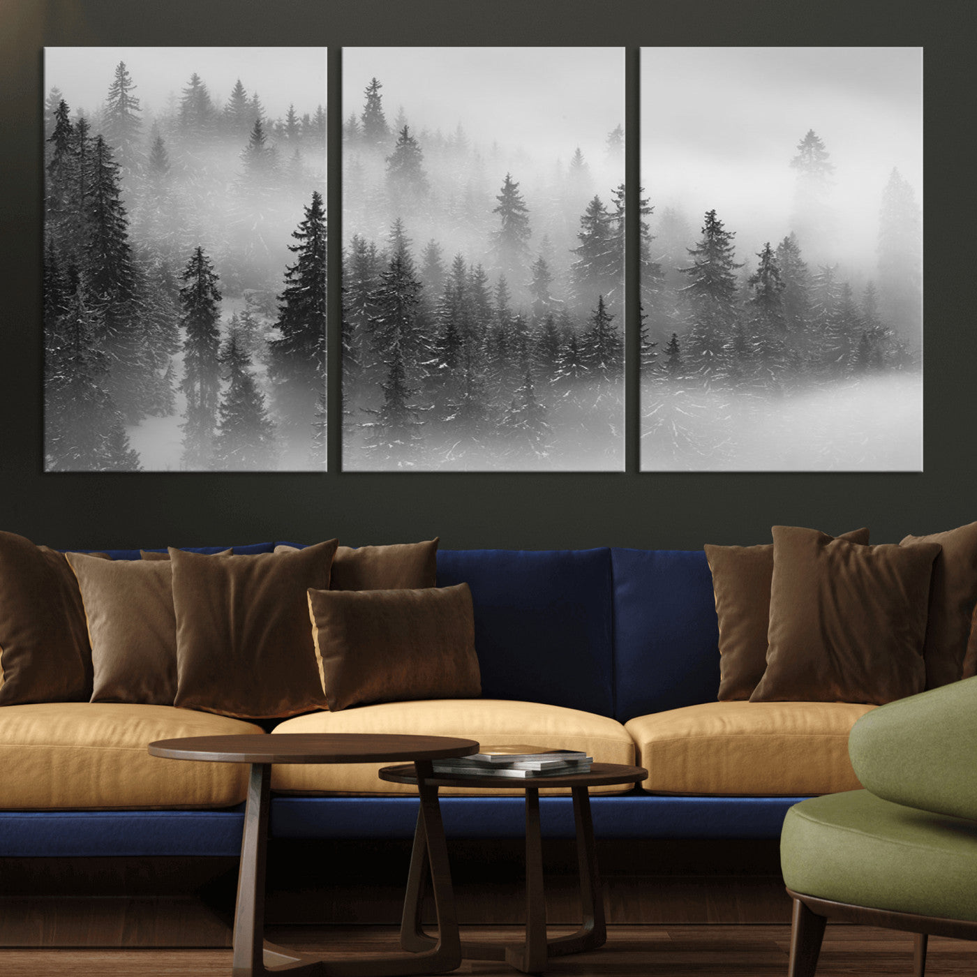 57235-MGV-CV-36X24-Misty Pine Forest Wall Art – Black and White Mountain Landscape Canvas Print, Nature Woodland Decor for Living Room, Bedroom or