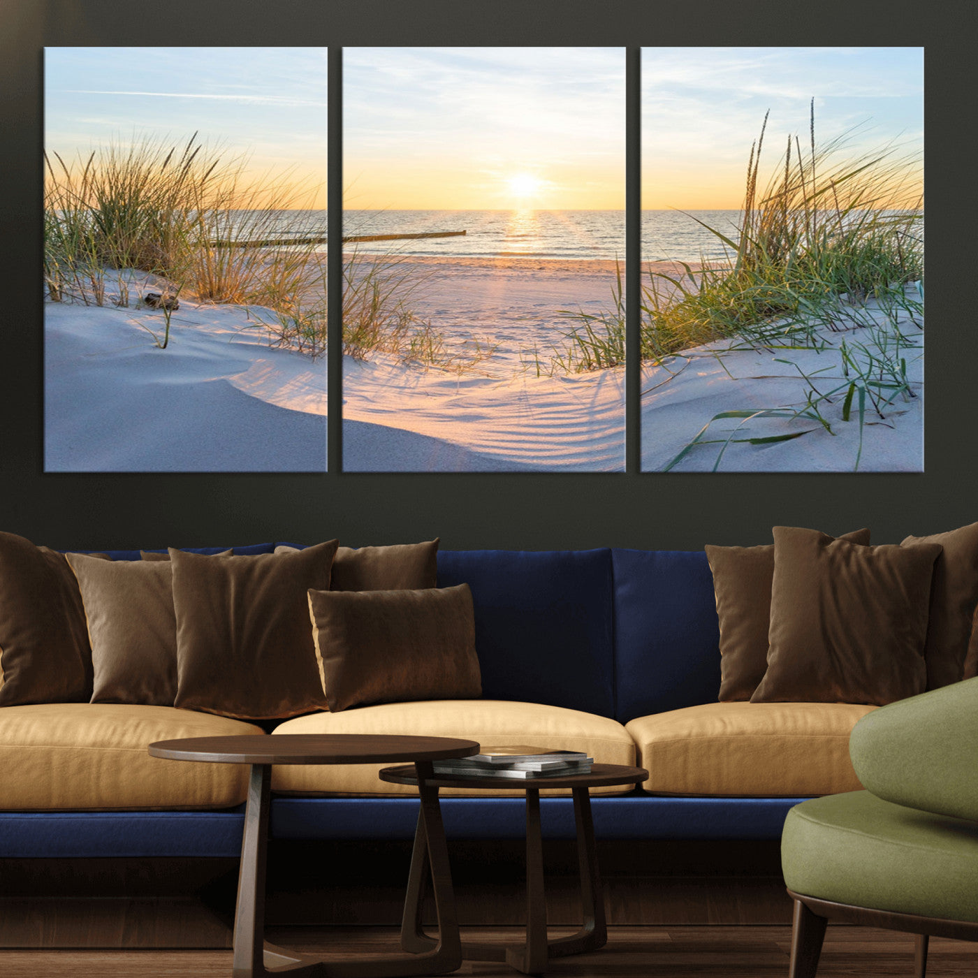 48907-MGV-CV-36X24-Beach Sunset Wall Art – Coastal Sand Dunes and Ocean View Canvas Print, Serene Seaside Landscape Painting for Living Room, Bedroom