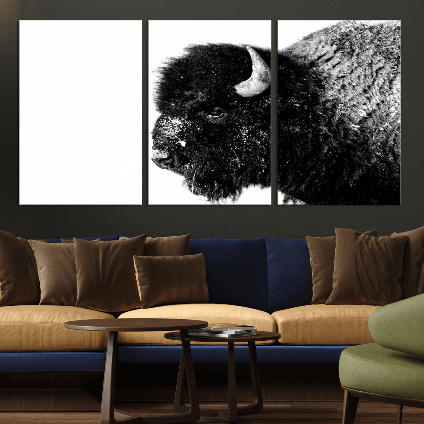 68780-MGV-CV-36X24-Bison Close-Up Wall Art – Black and White Buffalo Canvas Print, Rustic Wildlife Photography Decor for Living Room, Office, or