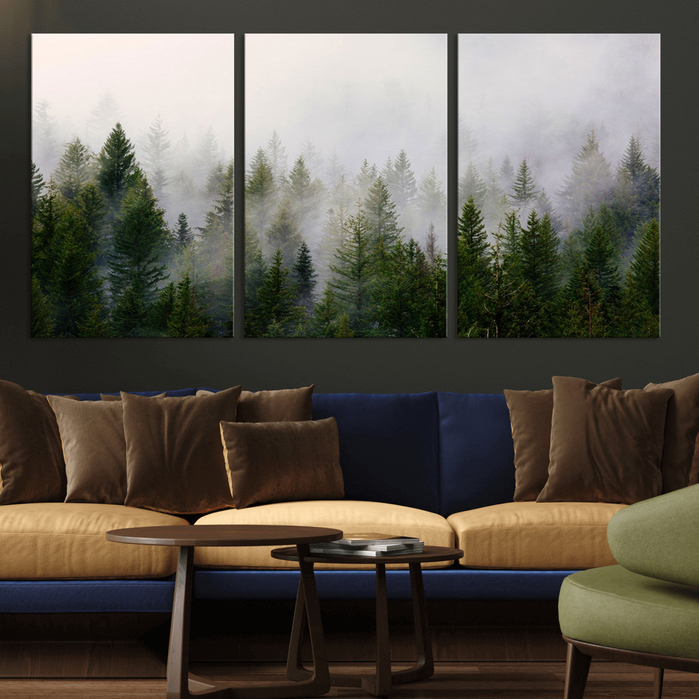11436-MGV-CV-36X24-Misty Forest Wall Art – Tranquil Evergreen Tree Canvas Print with Foggy Landscape, Nature Inspired Artwork for Bedroom, Living
