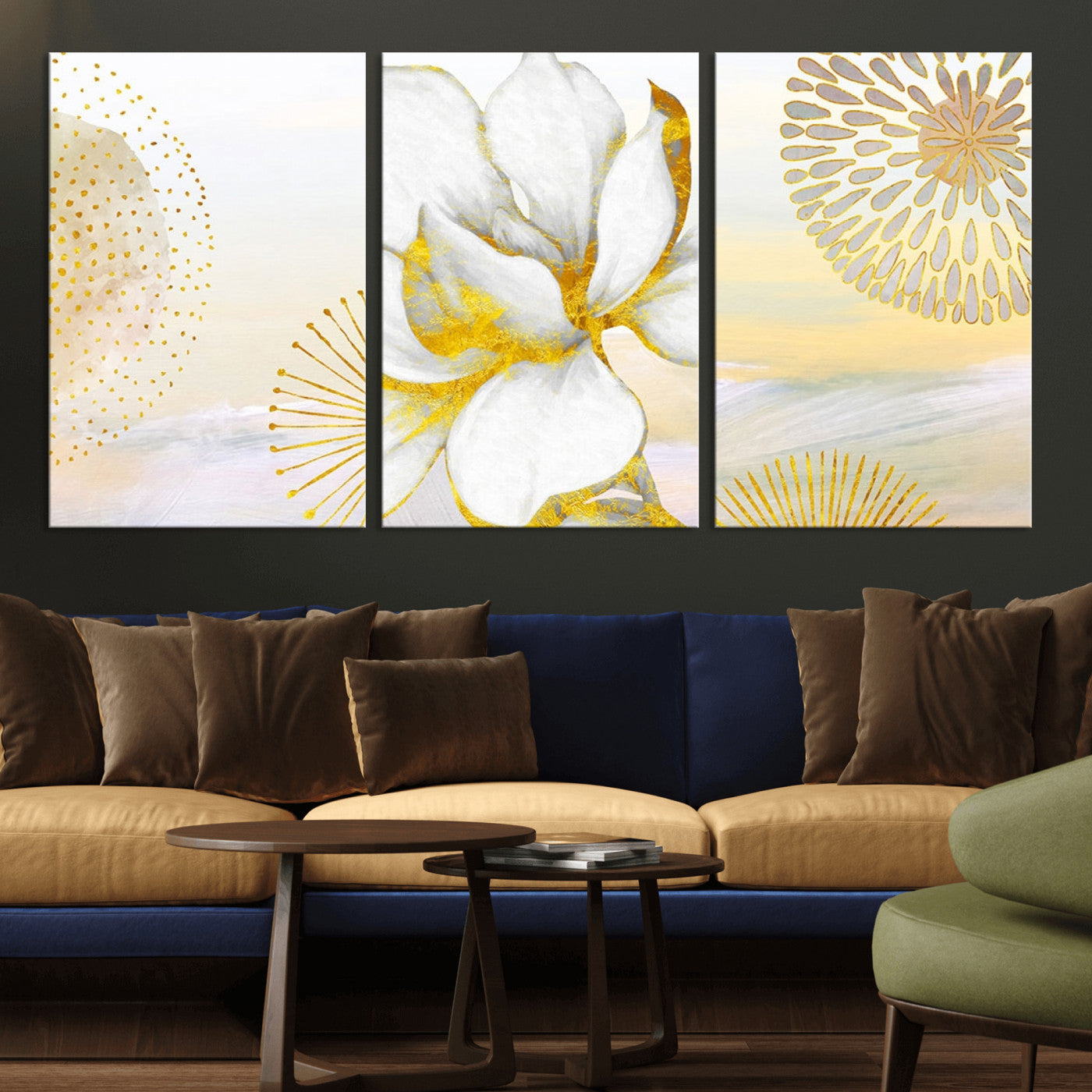 82301-MGV-CV-60X30-3P-Modern Floral Wall Art – White Flower with Gold Detailing Canvas Print, Elegant Abstract Artwork for Living Room, Bedroom, or