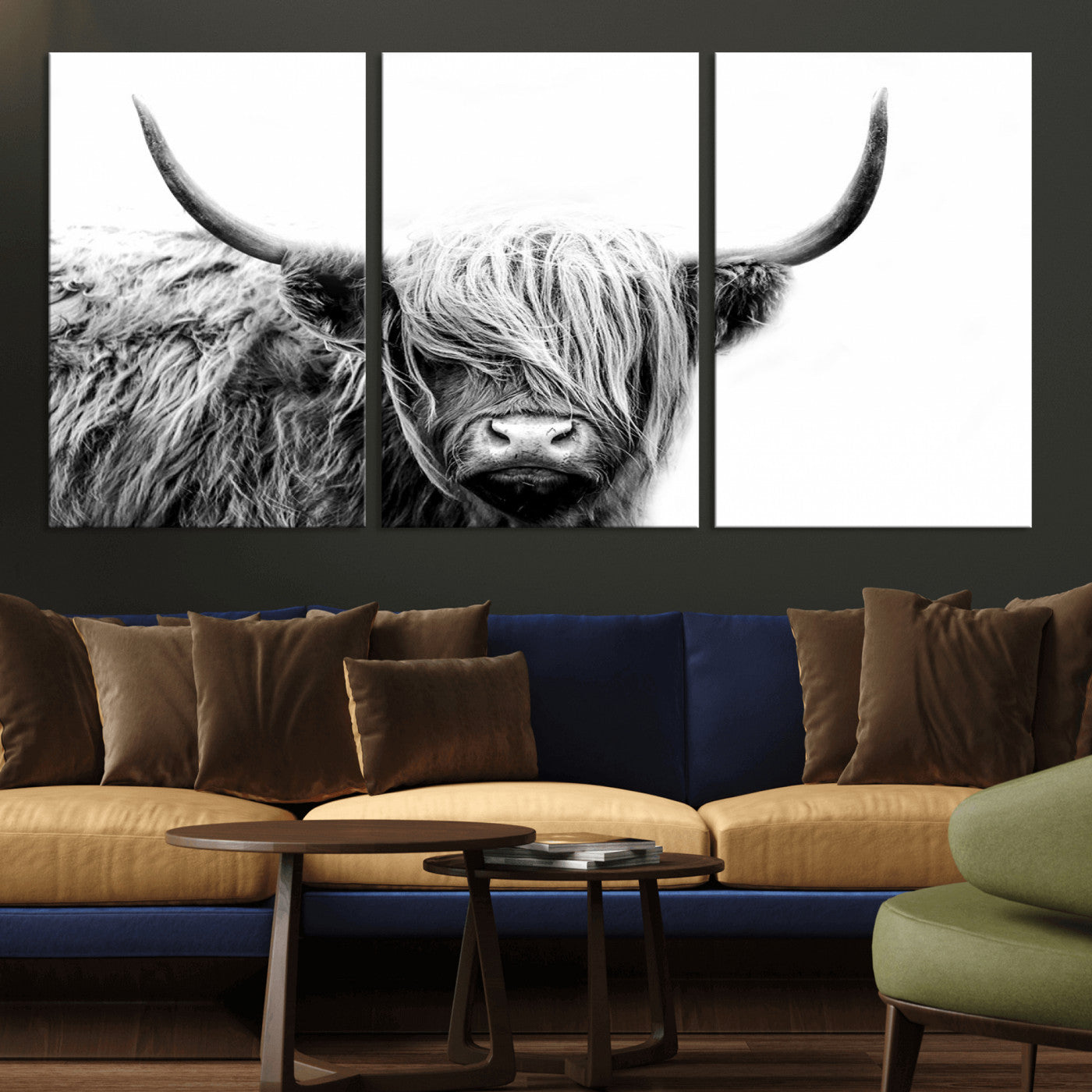 51957-MGV-CV-36X24-Highland Cow Wall Art – Black and White Scottish Highland Bull Canvas Print, Rustic Farmhouse Animal Decor for Living Room,