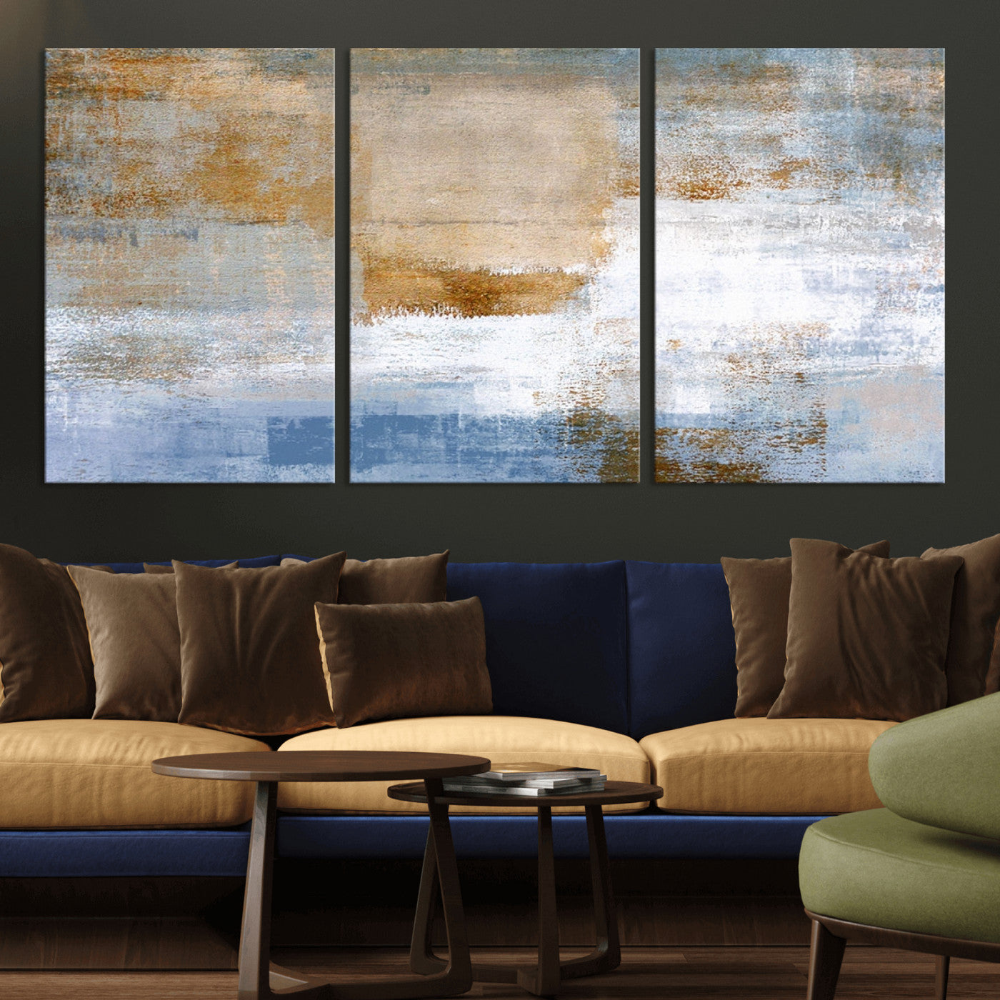 72354-MGV-CV-36X24-Blue and Gold Abstract Wall Art – Modern Minimalist Canvas Print, Textured Contemporary Painting for Living Room, Bedroom, or