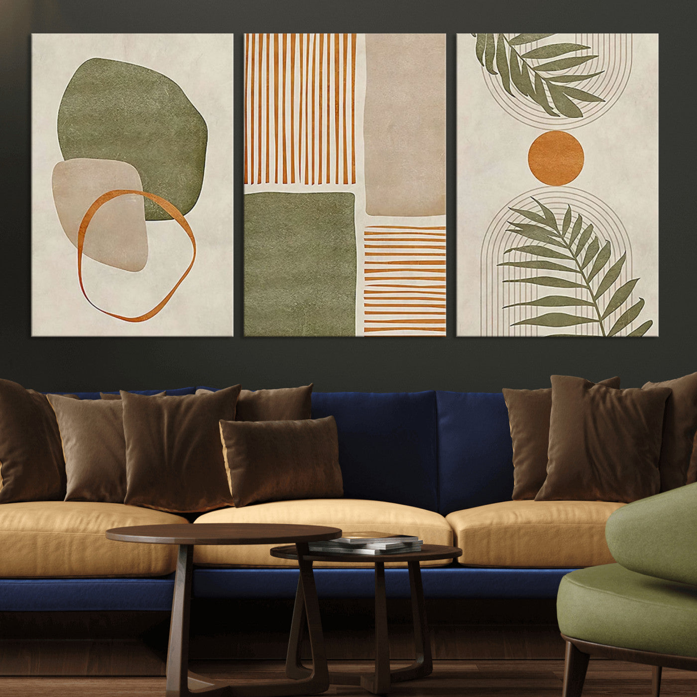 96002-MGV-CV-36X24-Abstract Geometric Wall Art – Modern Canvas Print with Green, Orange & Beige Shapes, Minimalist Home Decor for Living Room, Office