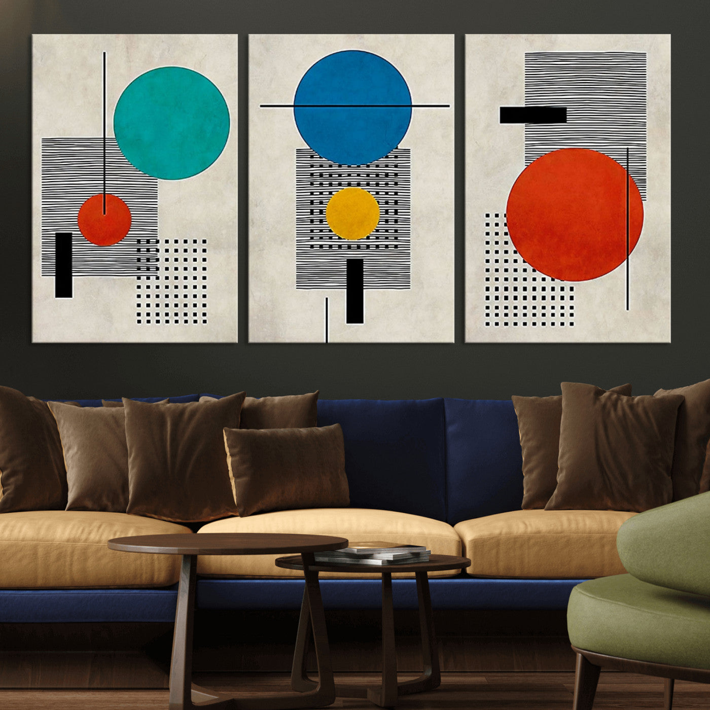44633-MGV-CV-60X30-3P-Geometric Abstract Wall Art – Colorful Modern Shapes Canvas Print, Mid Century Minimalist Decor for Living Room, Bedroom or Office