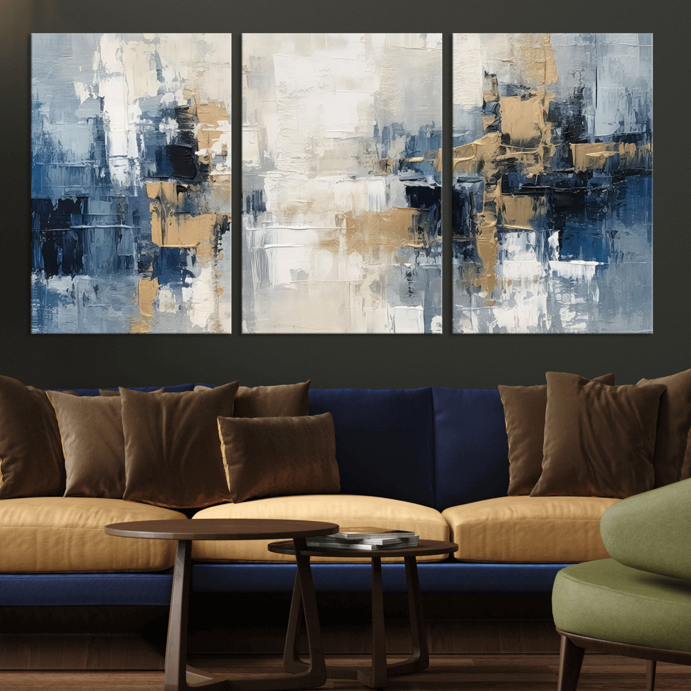 44344-MGV-CV-36X24-Abstract Blue and Gold Wall Art – Modern Hand Painted Canvas Print, Contemporary Textured Painting for Living Room, Bedroom or