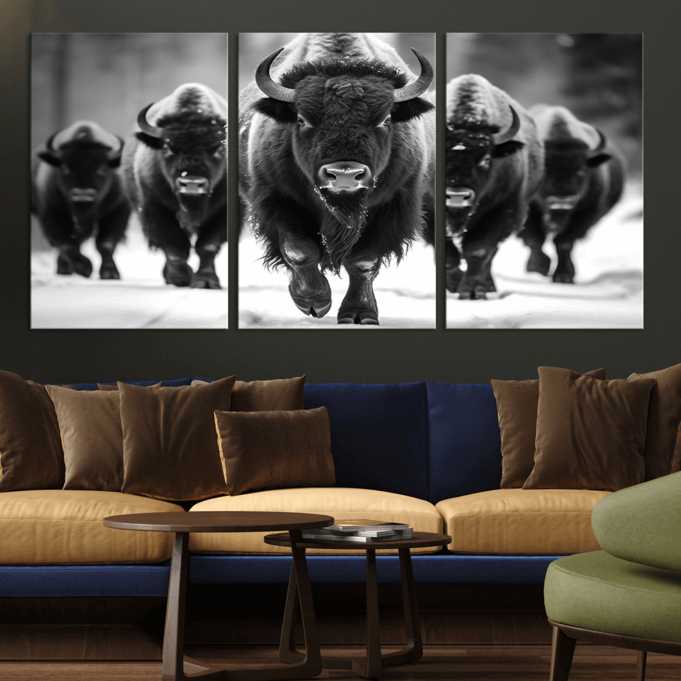 79872-MGV-CV-36X24-Bison Herd Wall Art – Black and White Buffalo on Snow Canvas Print, Rustic Wildlife Decor for Lodge, Cabin, or Living Room