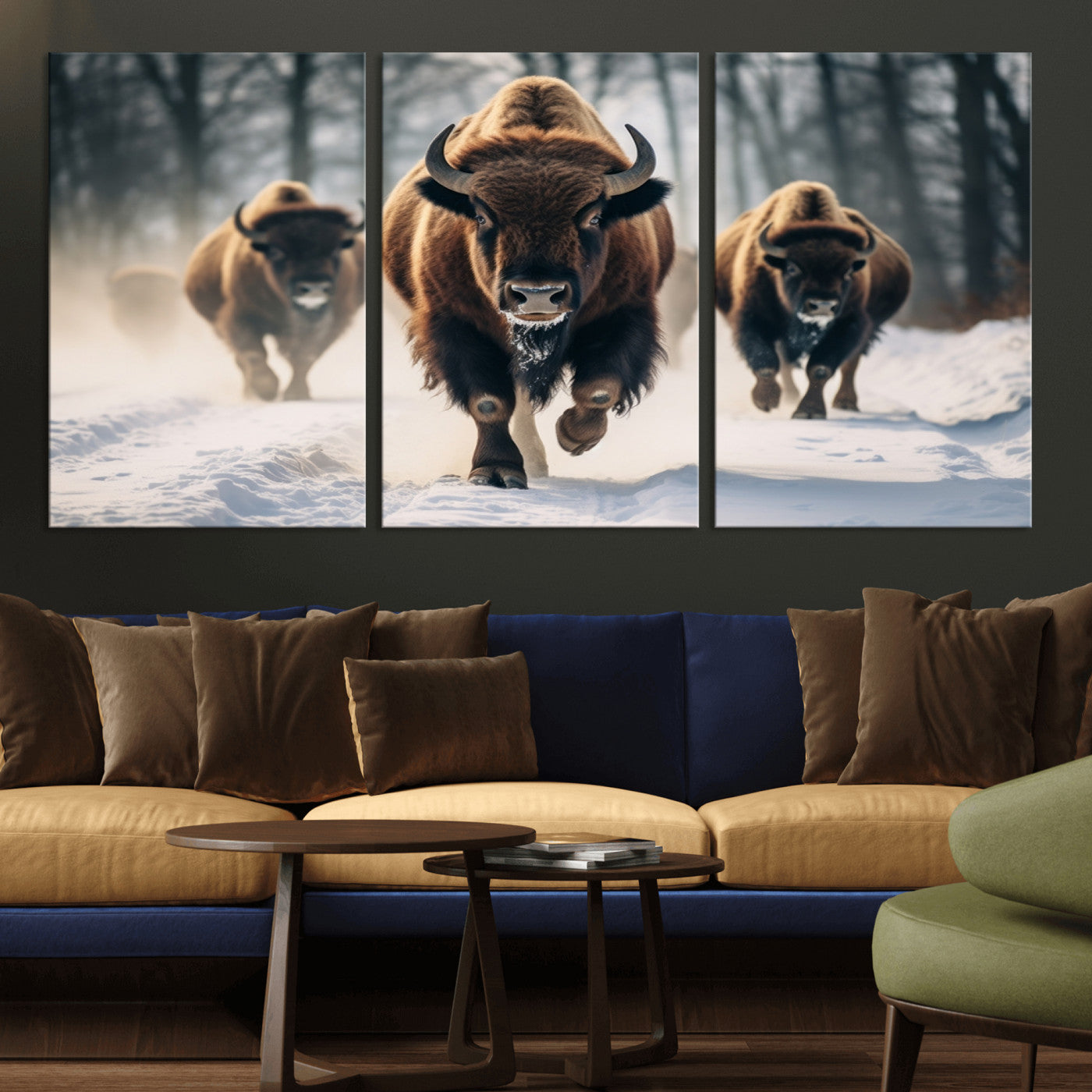 56549-MGV-CV-36X24-Wild Bison Wall Art – Majestic Buffalo Herd Running in Snow Canvas Print, Rustic Wildlife Photography Decor for Cabin, Lodge, or