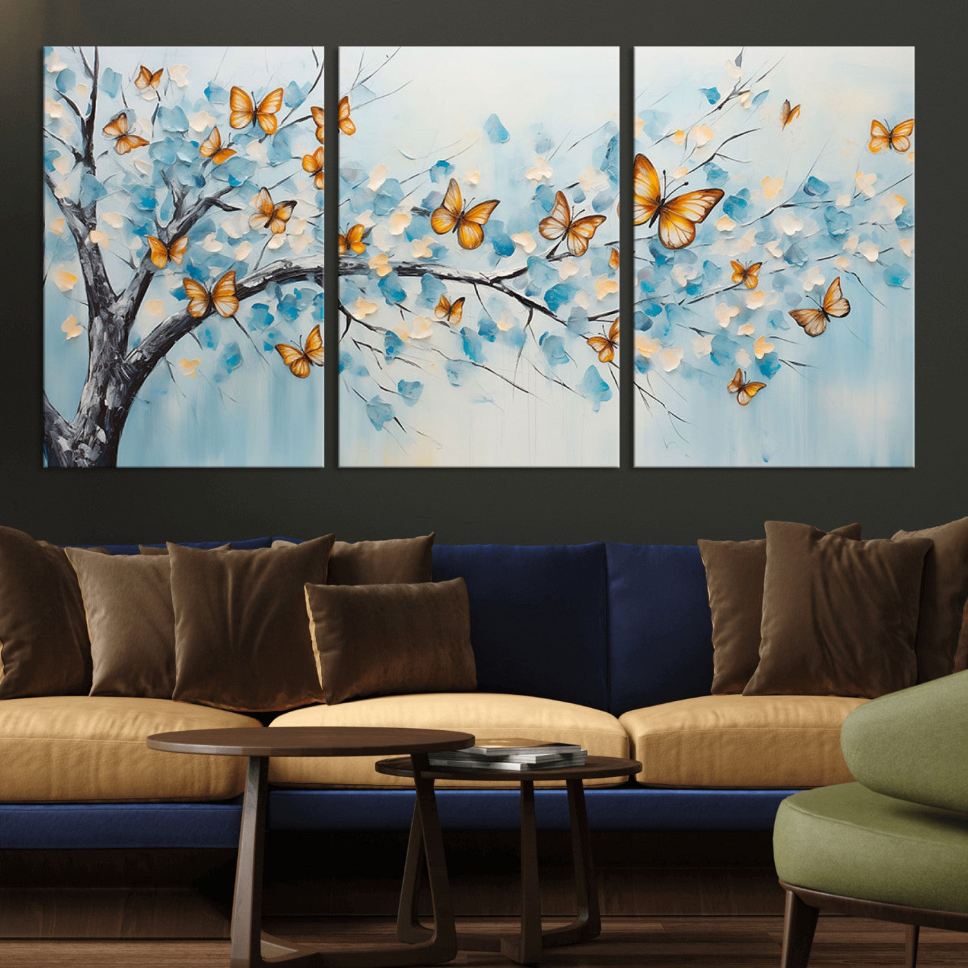 59455-MGV-CV-36X24-Butterfly Tree Branch Wall Art – Blue and Yellow Abstract Canvas Print, Modern Nature Artwork for Living Room, Bedroom or Office