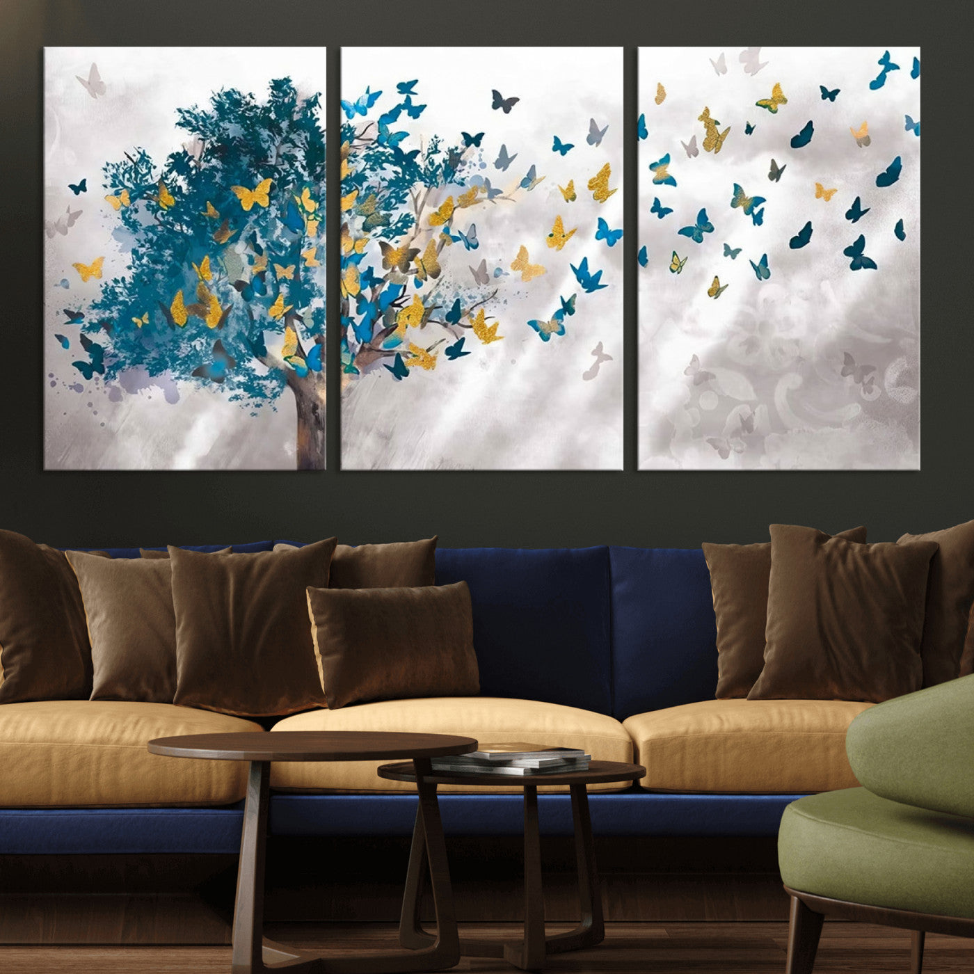 37564-MGV-CV-36X24-Butterfly Tree Wall Art – Modern Nature Canvas Print with Blue and Golden Butterflies, Elegant Decorative Painting for Living Room