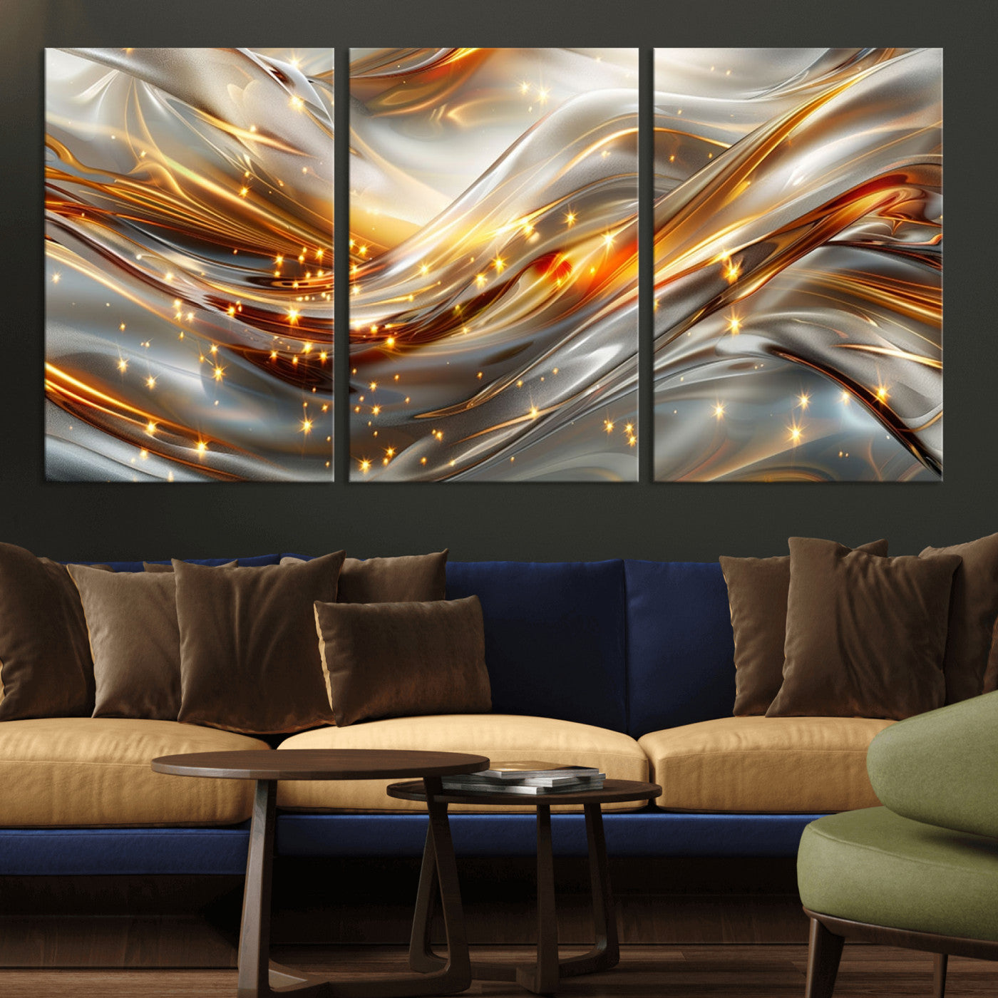 Lines1-MGV-CV-36X24-Abstract Metallic Wall Art – Silver and Gold Wave Canvas Print with Sparkling Accents, Modern Luxury Decor for Living Room, Office