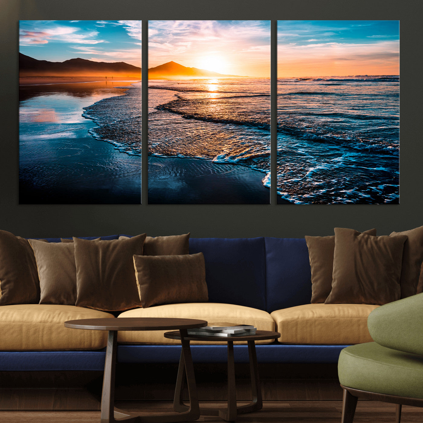 26494-MGV-CV-36X24-Ocean Sunset Wall Art – Scenic Beach Canvas Print with Waves and Mountains, Coastal Seascape Photography for Living Room, Bedroom