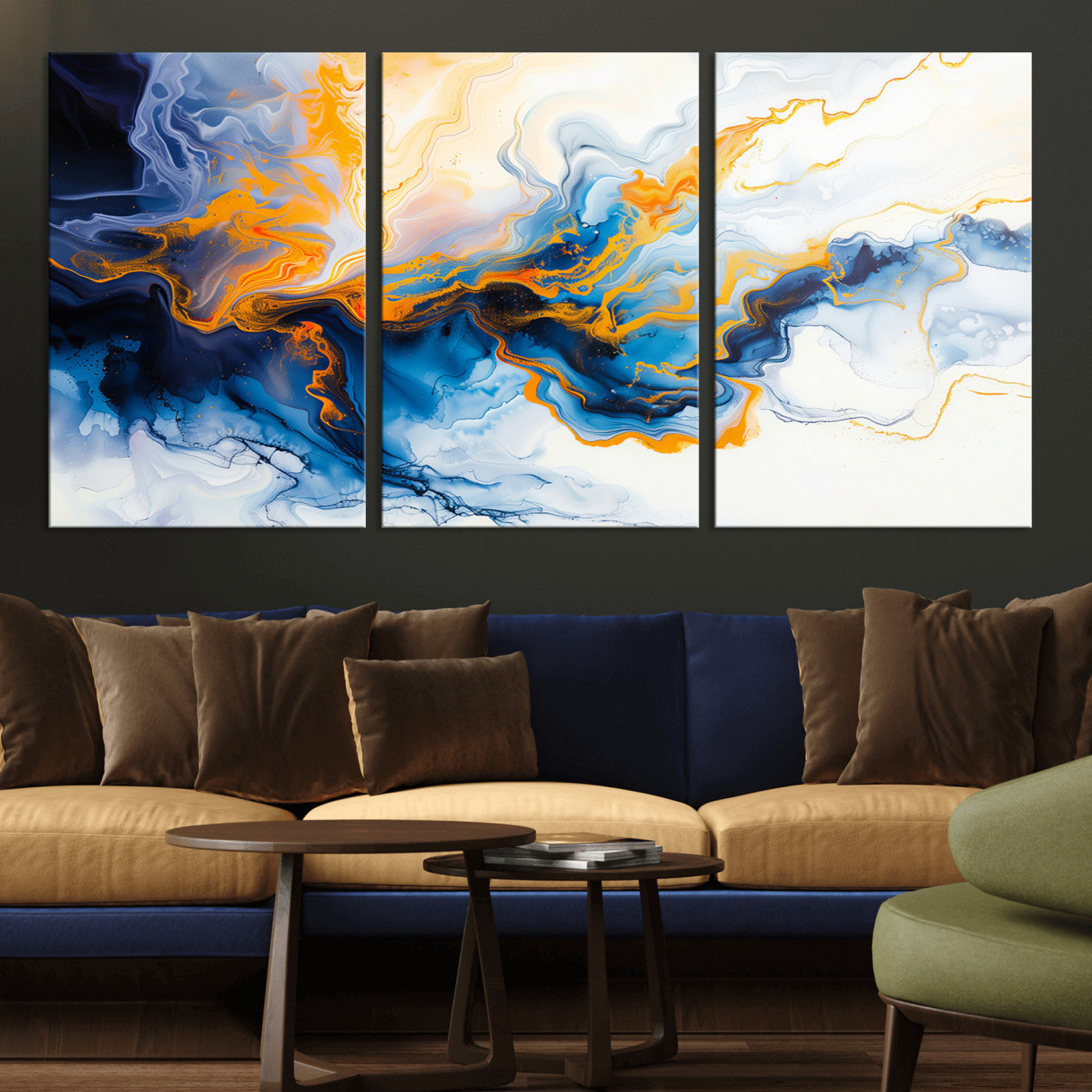 83720-MGV-CV-36X24-Abstract Fluid Wall Art – Blue, White and Gold Swirl Canvas Painting, Modern Contemporary Artwork for Living Room, Bedroom or