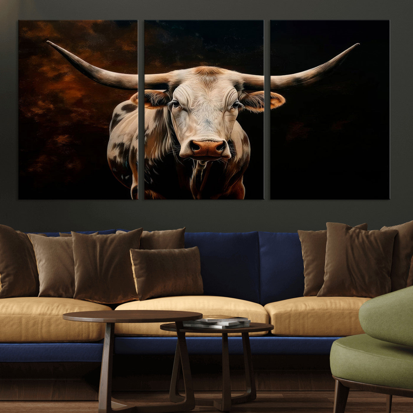 70522-MGV-CV-36X24-Longhorn Bull Wall Art – Striking Canvas Print of Majestic Bull, Premium Animal Decor for Home, Office, Man Cave, or Living Room