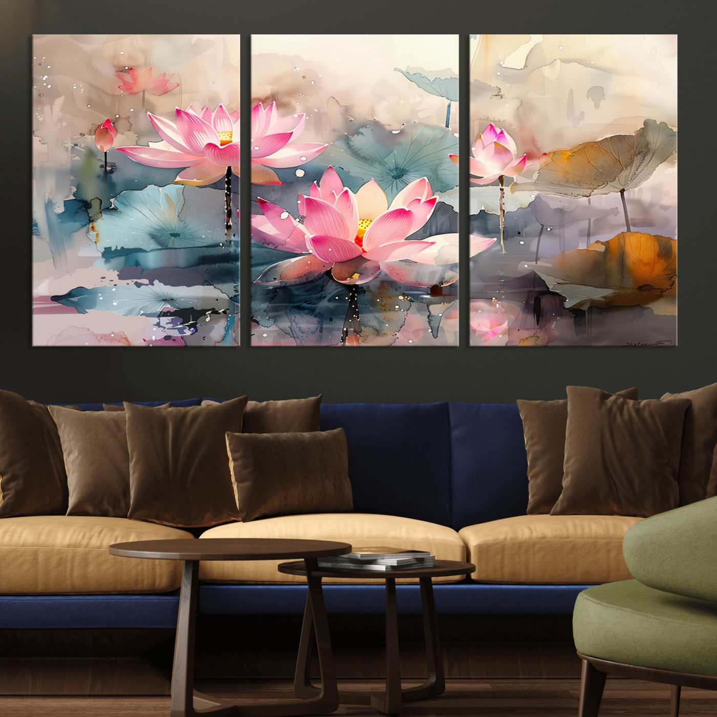 27936-MGV-CV-36X24-Lotus Pond Wall Art – Watercolor Pink Lotus Flowers Canvas Print, Tranquil Botanical Artwork for Bedroom, Living Room or