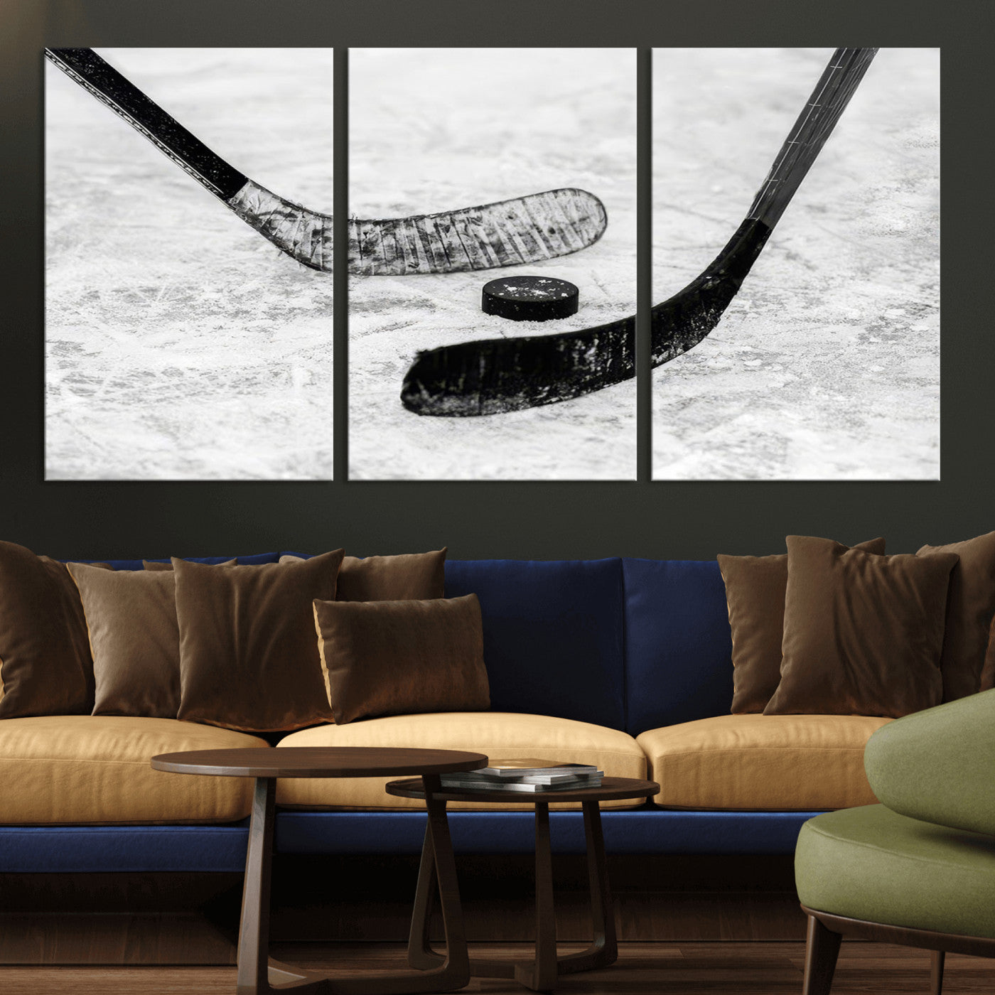 82900-MGV-CV-36X24-Hockey Wall Art – Black and White Canvas Print Ice Rink Sticks Puck Sports Photography, Modern Decor for Game Room, Man Cave,