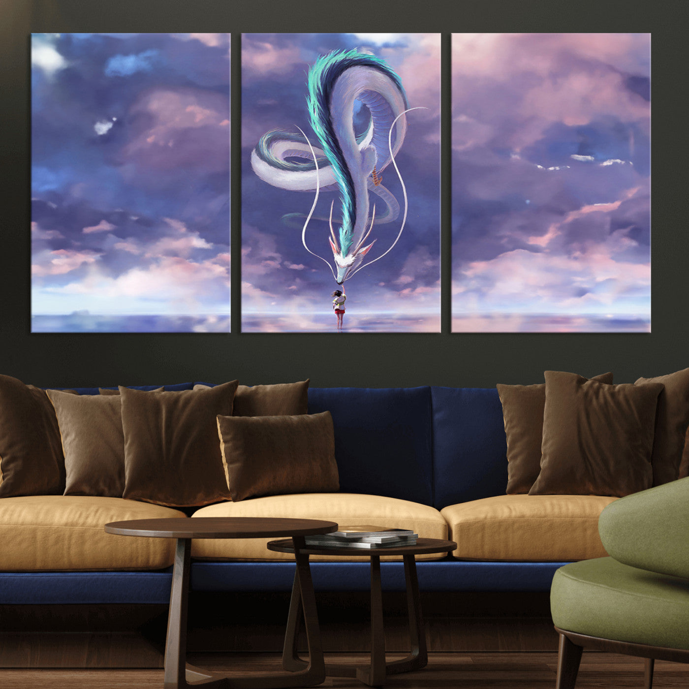 66864-MGV-CV-36X24-Fantasy Dragon Wall Art – Mystical Canvas Print Girl and Sky Serpent Dreamlike Clouds, Magical Anime Inspired Decor for Living