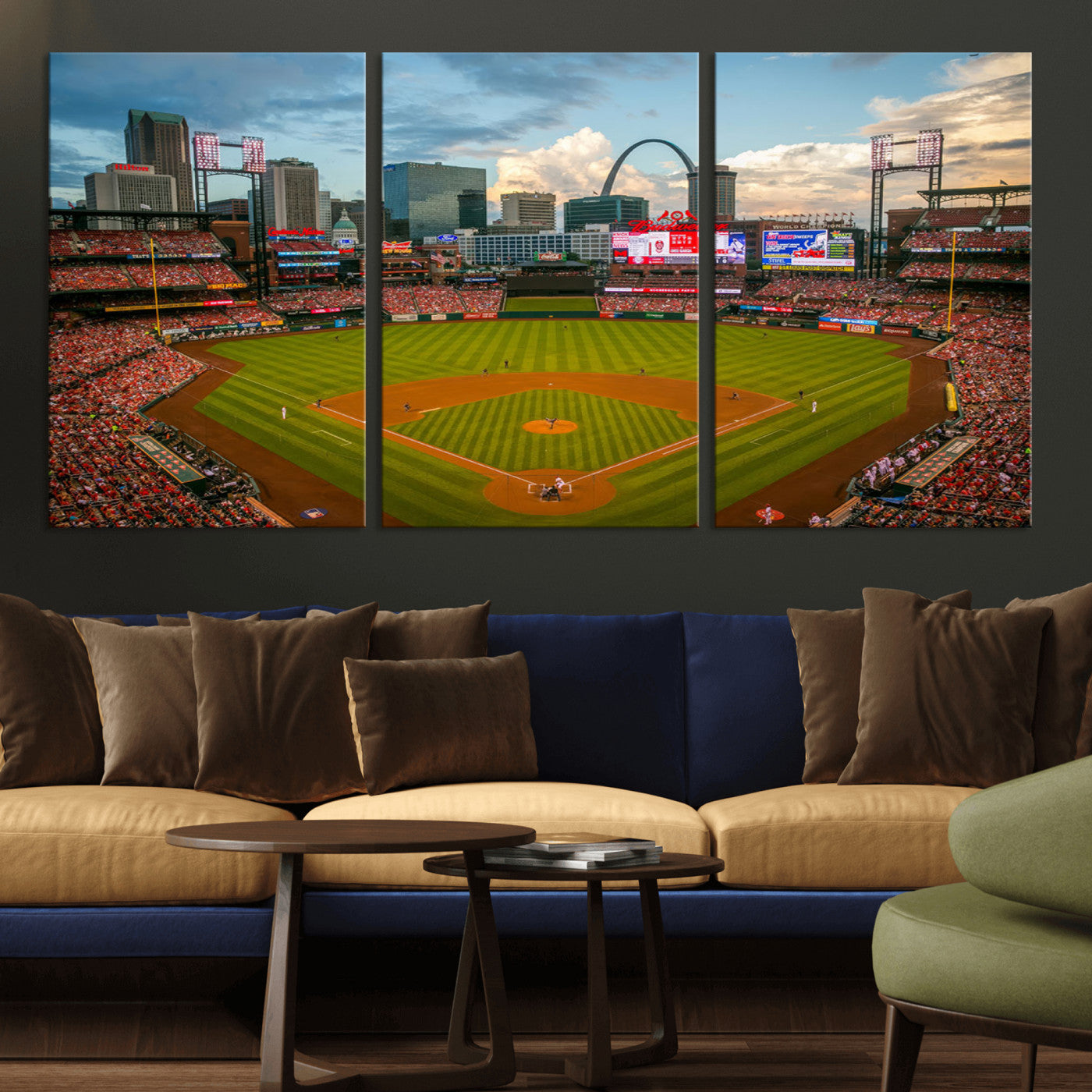 91908-MGV-CV-36X24-Baseball Stadium Wall Art – Canvas Print Game Day Field City Skyline Iconic Arch Scene Sports Photography, Decor for Game Room,