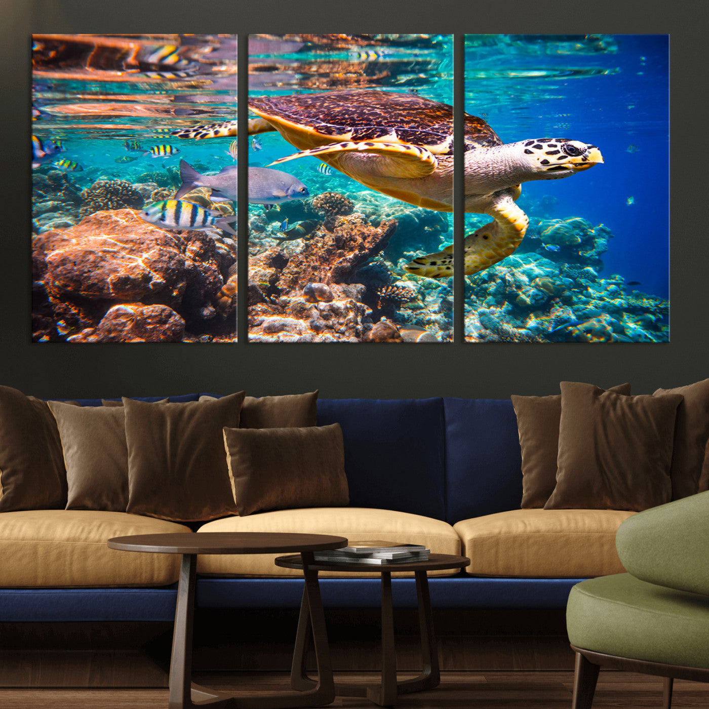 66614-MGV-CV-36X24-Sea Turtle Wall Art – Hawksbill Turtle Swimming Over Coral Reef Canvas Print, Ocean Marine Life Decor for Beach House, Coastal
