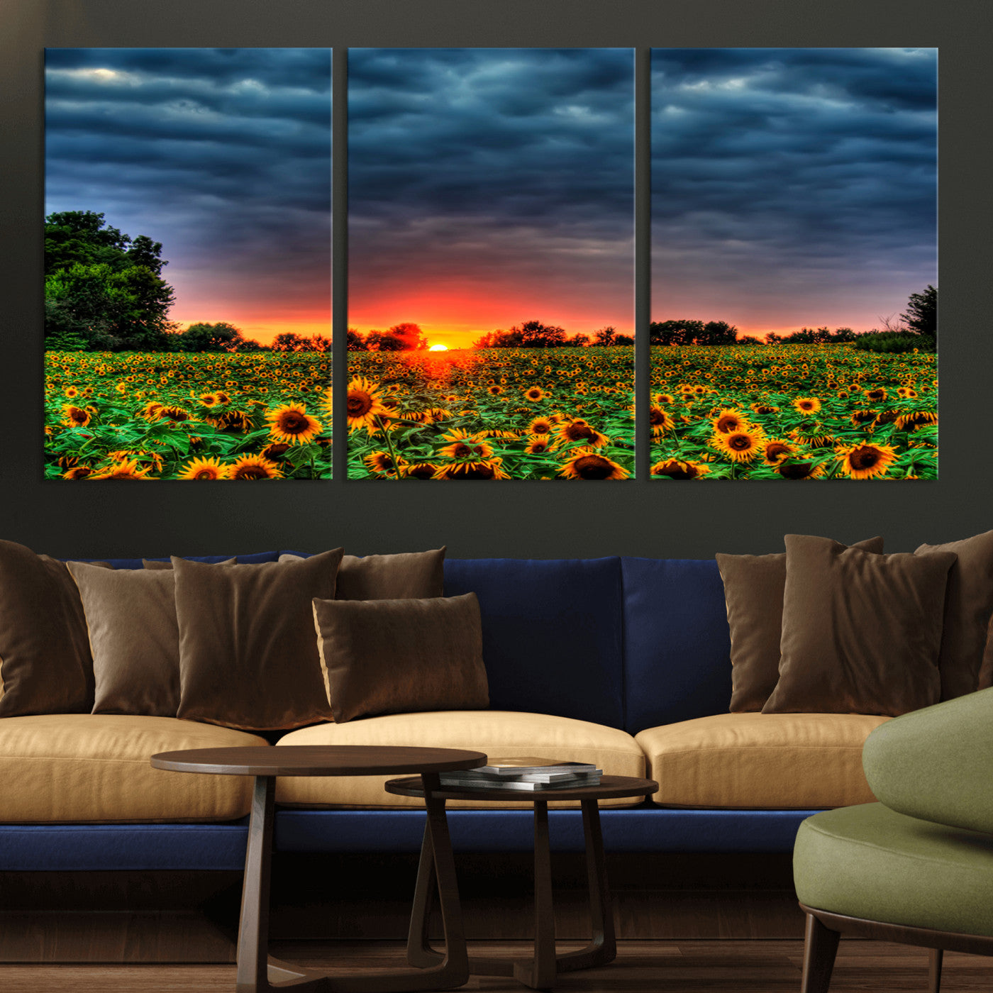 45045-MGV-CV-36X24-Sunflower Field Sunset Wall Art – Dramatic Stormy Sky Landscape Print, Vibrant Yellow Floral Nature Canvas for Living Room,
