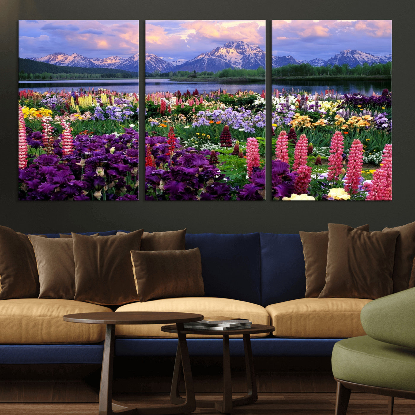 82270-MGV-CV-36X24-Colorful Wildflower Meadow Landscape Wall Art – Snow-Capped Mountain Lake Sunset Print, Vibrant Nature Artwork for Living Room,