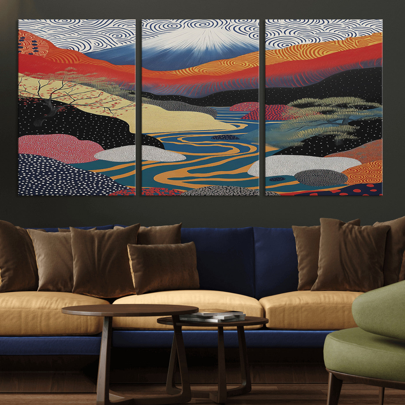 32131-MGV-CV-60X30-3P-Japanese Mount Fuji Wall Art – Abstract Landscape Canvas Print with Swirling Sky & River, Modern Minimalist Asian Inspired Poster