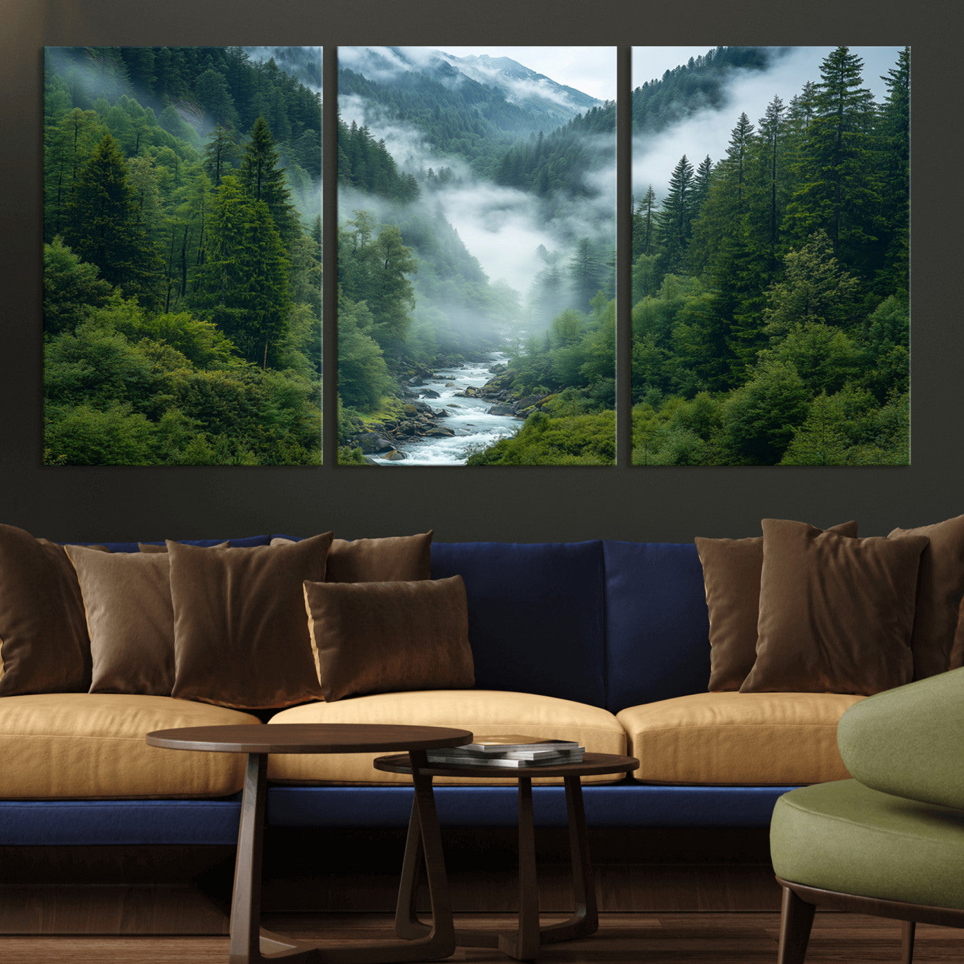 69453-MGV-CV-36X24-Mountain Forest Wall Art – Misty River and Evergreen Landscape Canvas Print, Nature Photography Poster for Living Room, Bedroom,