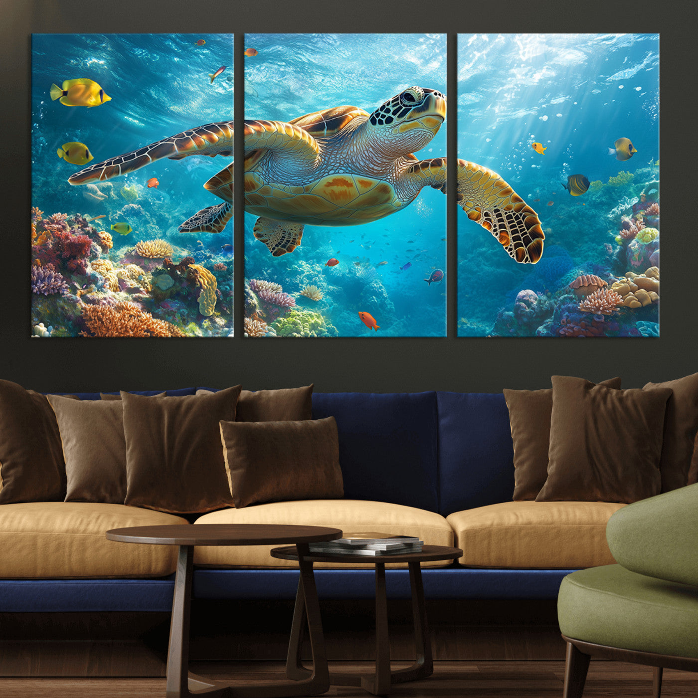 37623-MGV-CV-36X24-Sea Turtle Wall Art – Underwater Ocean Canvas Print with Coral Reef and Tropical Fish, Marine Life Painting Poster for Living