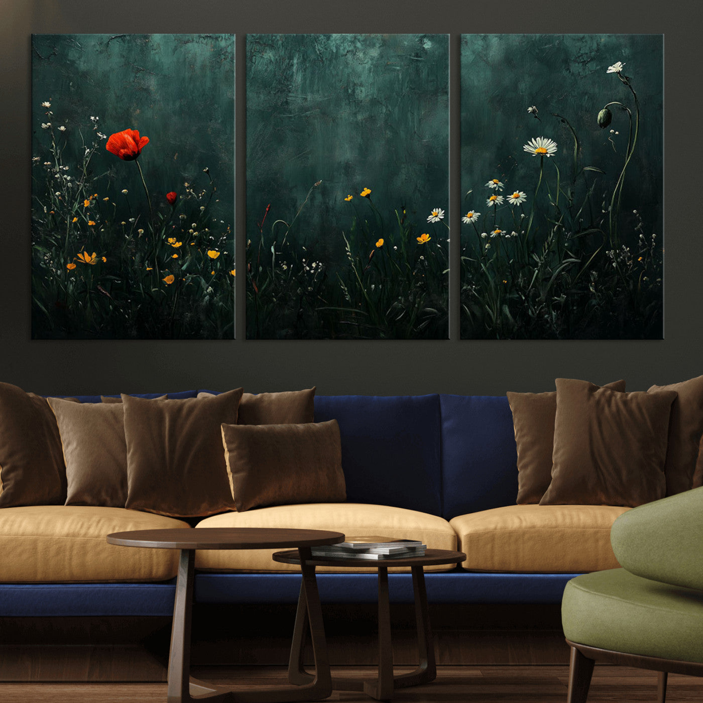 26218-MGV-CV-36X24-Wildflower Wall Art – Dark Botanical Floral Canvas Print, Modern Nature Painting Poster with Daisy Poppy Yellow Flowers for Living