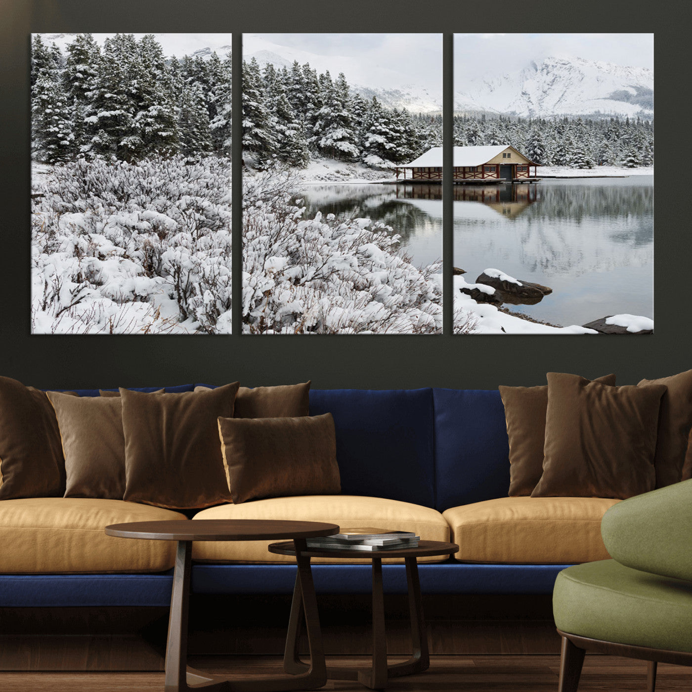 29975-MGV-CV-36X24-Winter Cabin by the Lake Wall Art – Snowy Mountain Landscape Canvas Print, Rustic Lodge Cabin Decor for Cozy Living Room, Bedroom