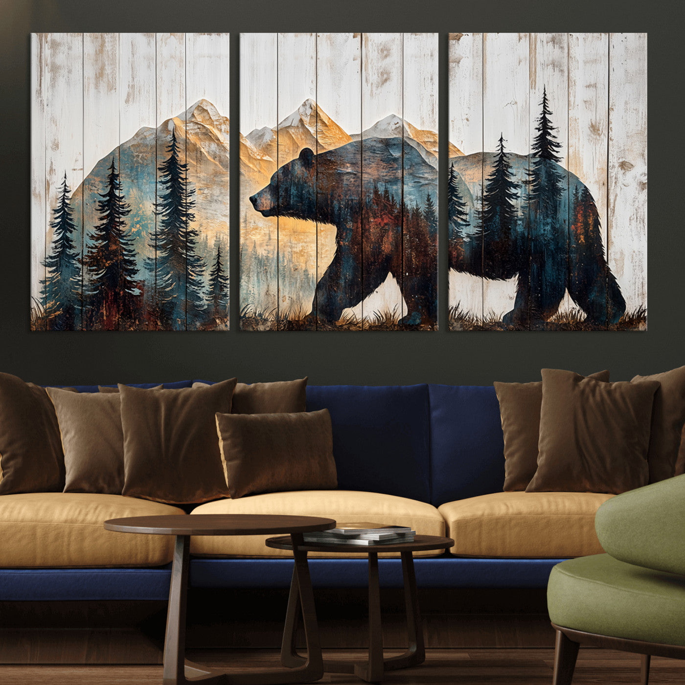 90077-MGV-CV-36X24-Wood Grizzly Bear Wall Art Canvas Print, Framed Abstract Bear Art Picture Print, Bear in Forest Perfect Rustic Lodge Decor Artwork