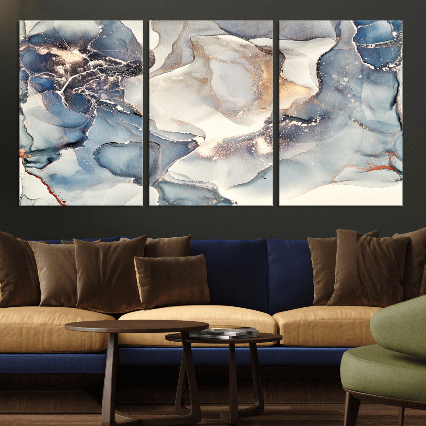 51497-MGV-CV-36X24-Abstract Blue and Gold Wall Art – Modern Fluid Ink Style Canvas Print, Elegant Contemporary Decor for Living Room, Office