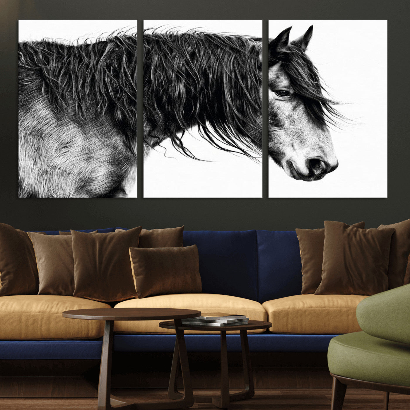 57694-MGV-CV-36X24-Horse Portrait Wall Art – Black and White Canvas Print with Detailed Stallion Profile, Rustic Farmhouse Equestrian Artwork for