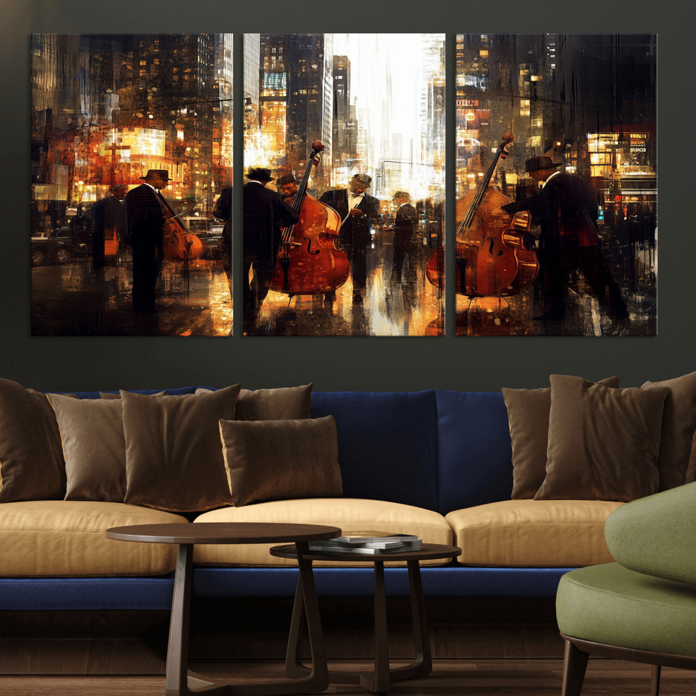 58782-MGV-CV-36X24-Jazz Musicians Cityscape Wall Art – Vibrant Urban Night Canvas Print, Elegant Music Themed Decor for Living Room, Office, or Music