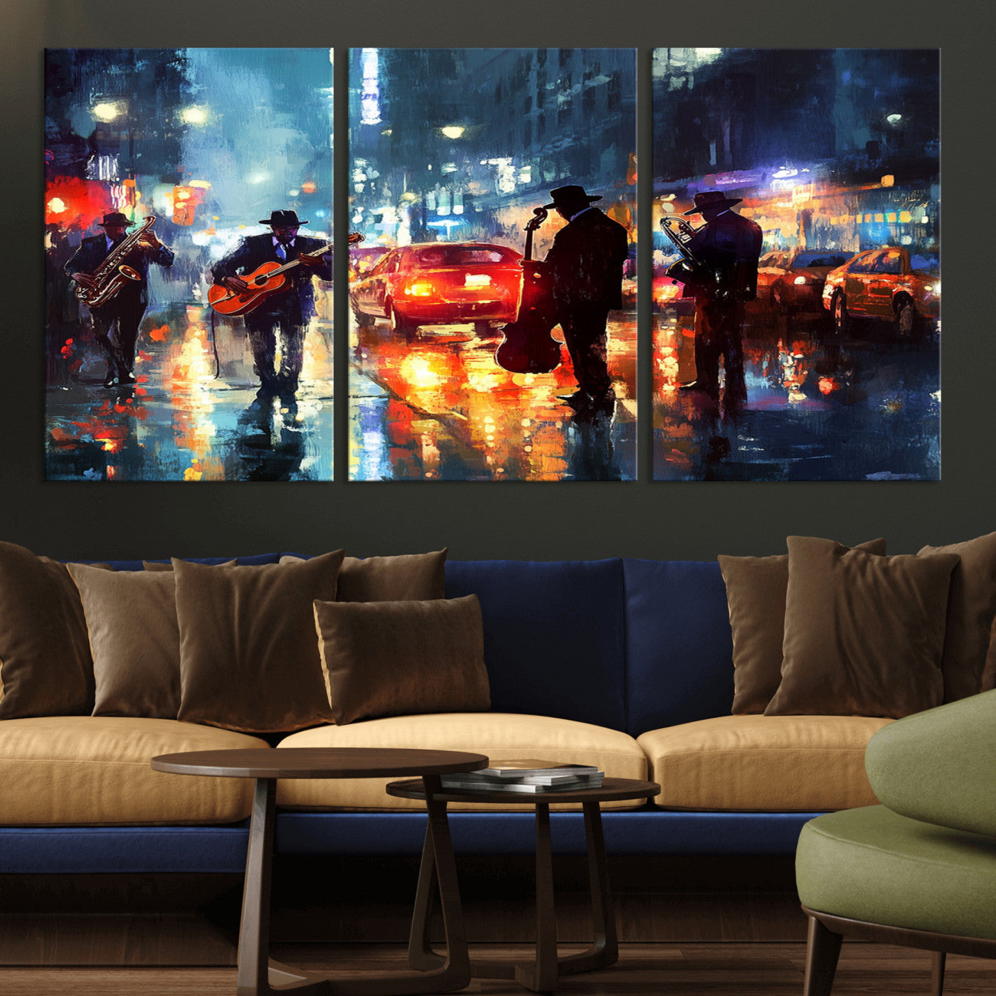 94605-MGV-CV-36X24-City Jazz Night Wall Art – Vibrant Music Canvas Print Featuring Saxophone, Guitar and Bass Players, Urban Street Scene Artwork for