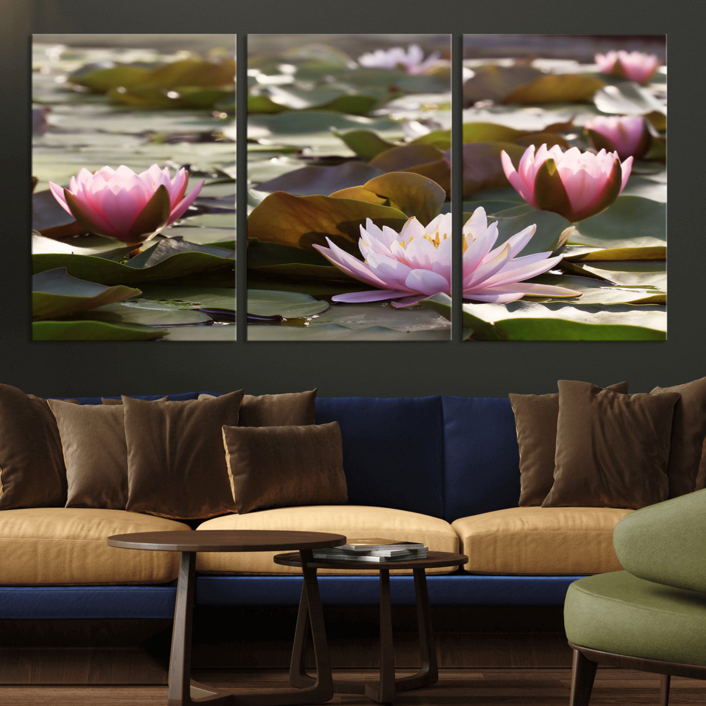 72218-MGV-CV-36X24-Water Lily Pond Wall Art – Pink Lotus Flowers Canvas Print with Green Lily Pads, Peaceful Botanical Artwork for Living Room,