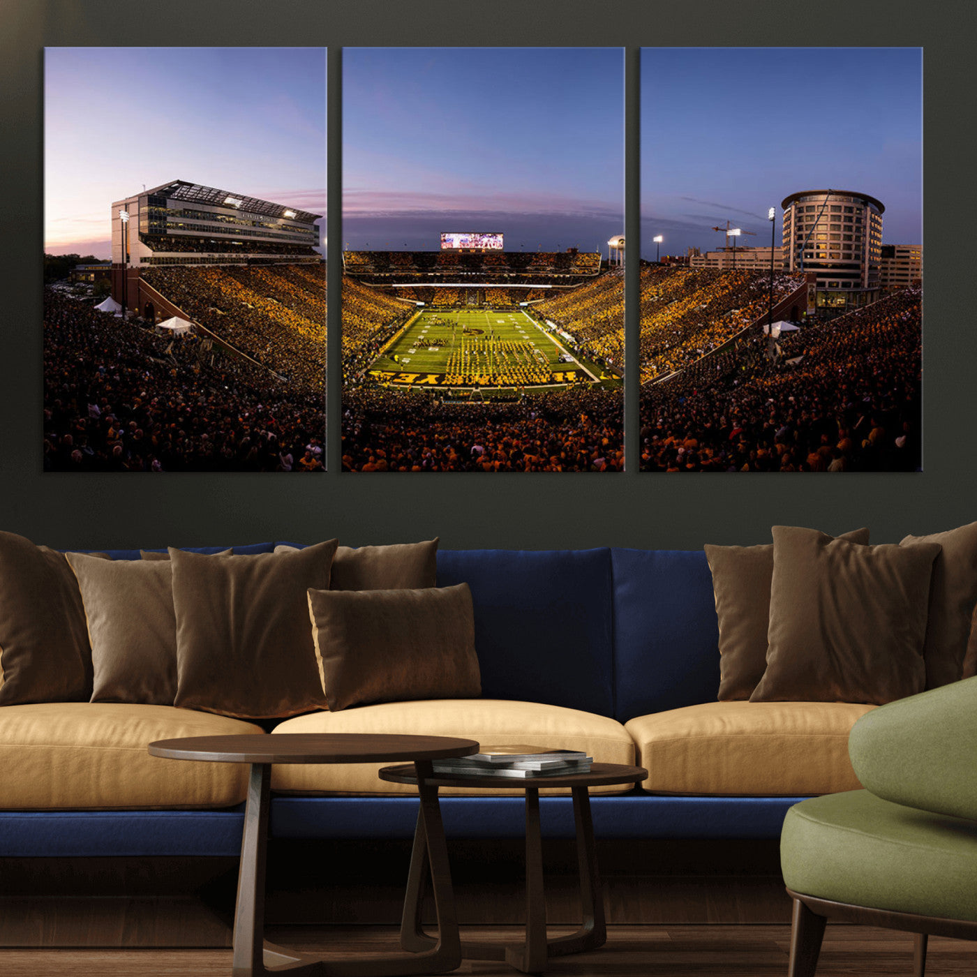 82557-MGV-CV-36X24-College Football Stadium Wall Art – Panoramic Sunset Canvas Print with Marching Band and Game Day Crowd, Sports Artwork for Man